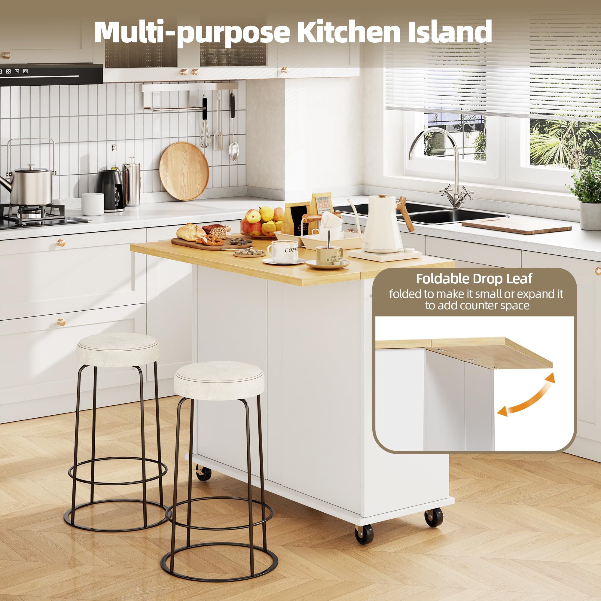 SUNLEI Kitchen Island with Storage, Rolling Kitchen Island Cart with Wheels & Drop Leaf & Towel Rack & 2 Drawers, Portable Island Table for Kitchen, White
