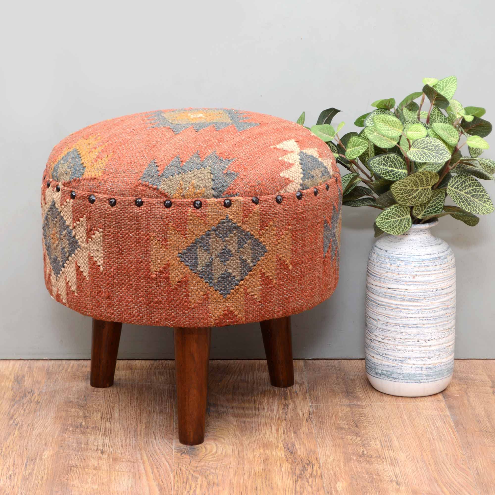 Round Kilim Jute Stool Ottoman