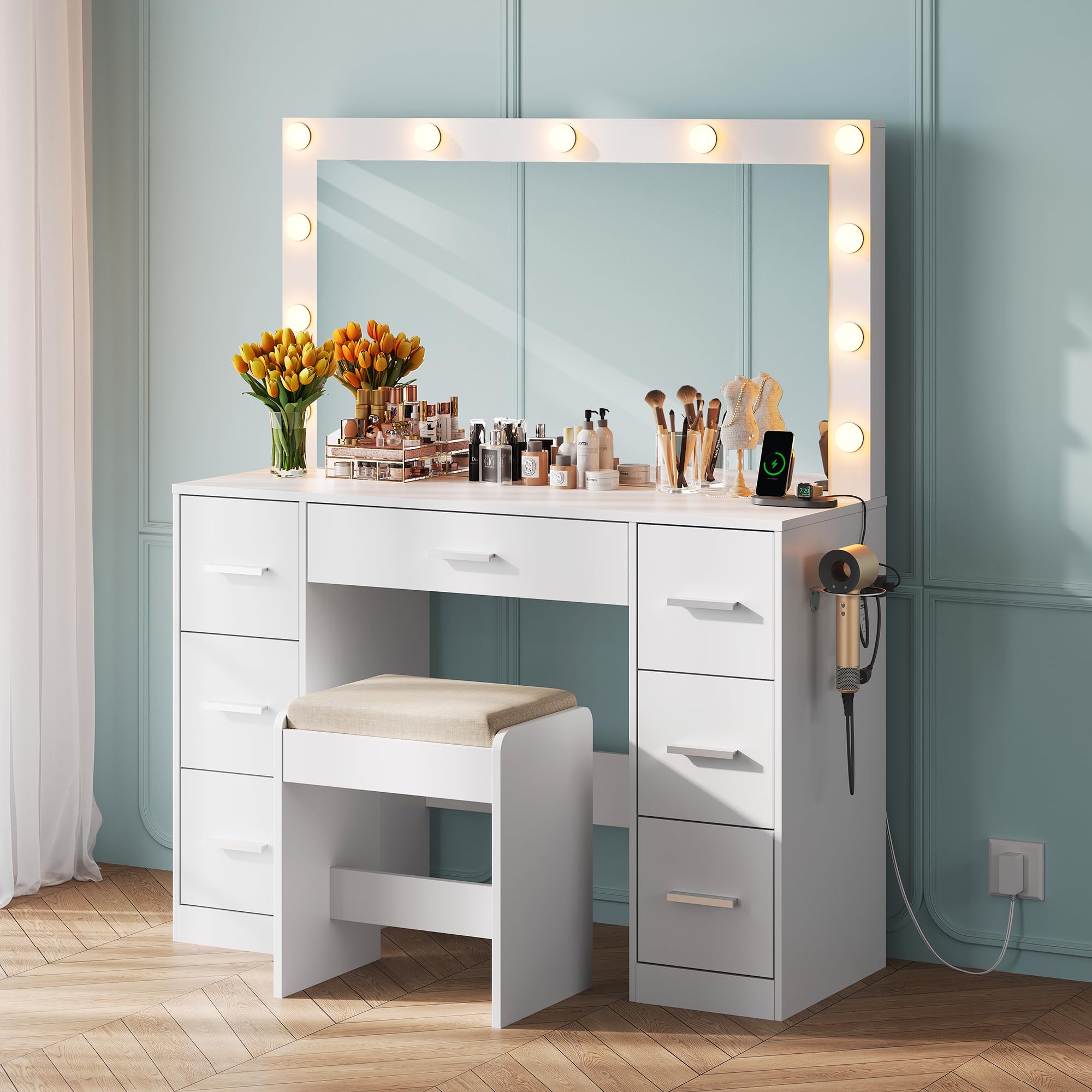 WLIVE White Vanity Desk with Chair, Adjustable Mirror and 3 Color Lights
