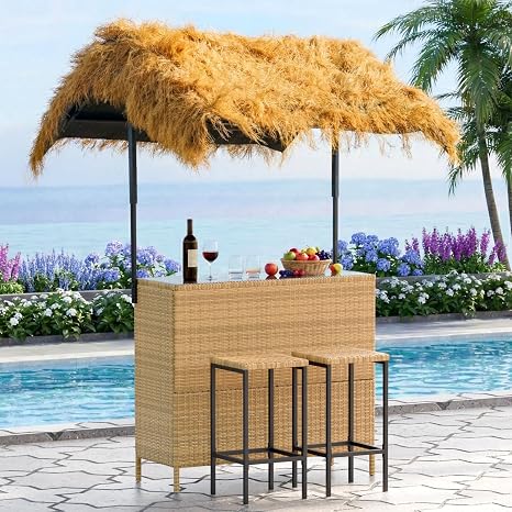 Outdoor Tiki Bar Set with 2 Stools
