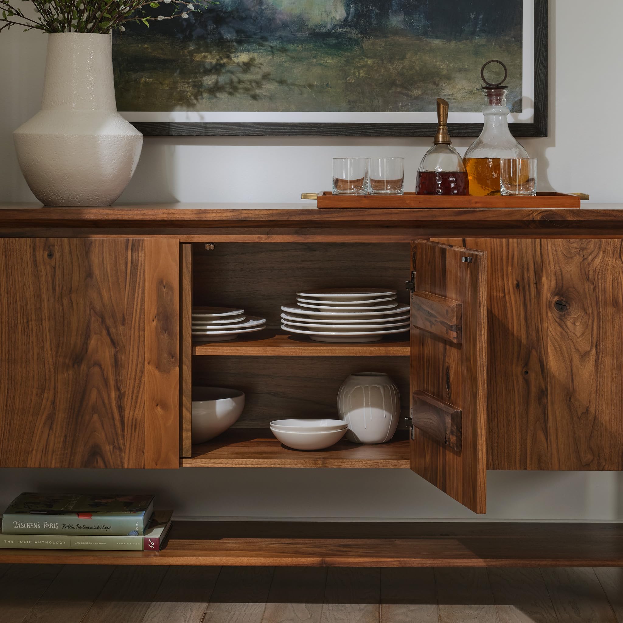 Stickley Saranac Sideboard, Buffet, Solid Rustic Walnut, Sustainable Construction, 3 Doors, Adjustable Shelf Each Side, Fixed Bottom Shelf, 64in W x 19in D x 34in H, Made in USA