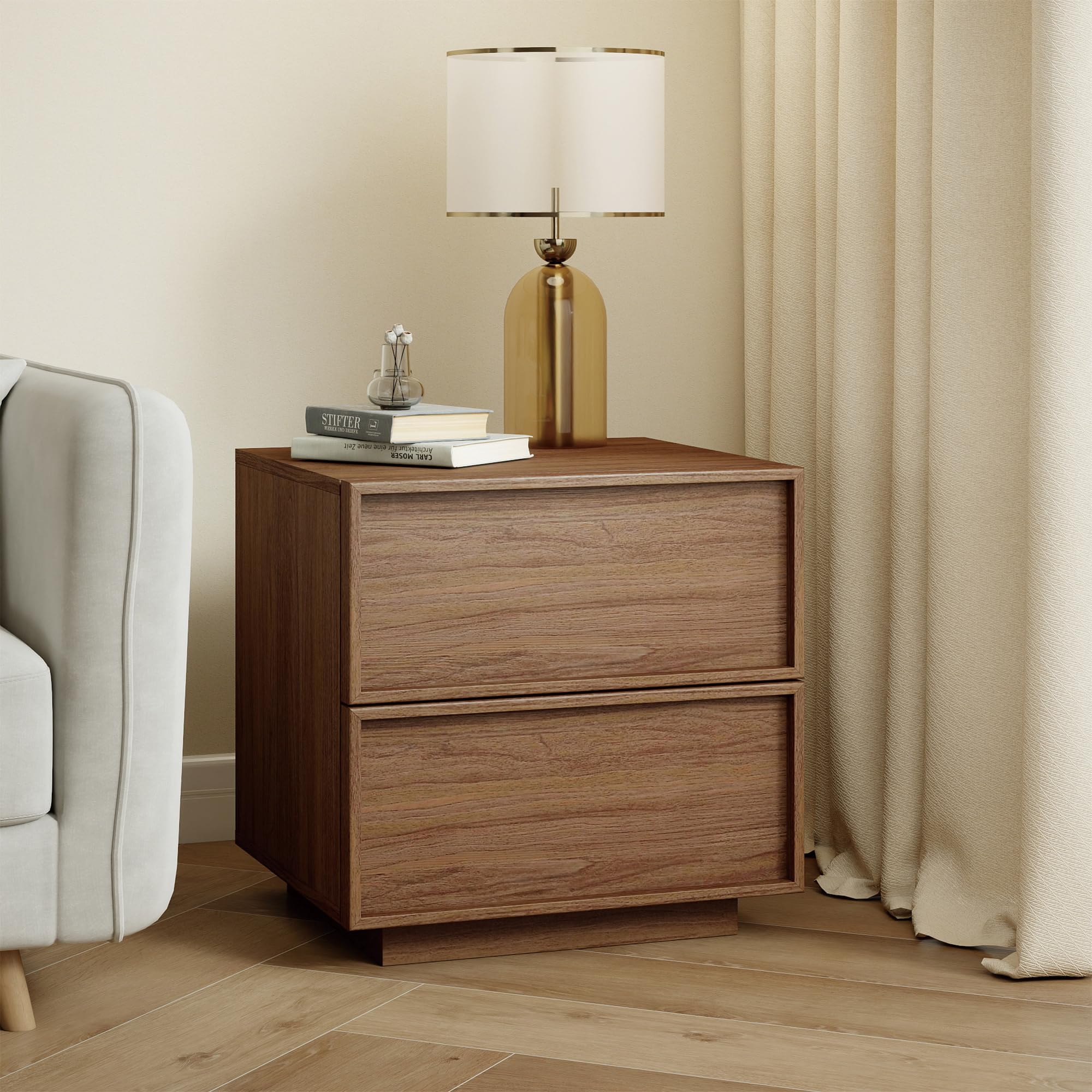 RYWI11OUSE Small Night Stand Set of 2 with 2 Drawers,Modern NightStand with Storage, Bedside Table for Bedroom, Walnut