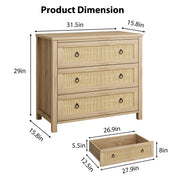 Garvee 3 Drawer Rattan Dresser for Bedroom, Boho Chest of Drawers, 29 Inch Tall Storage Cabinet, Wood Nightstand with Natural Finish for Living Room, Entryway, Closet