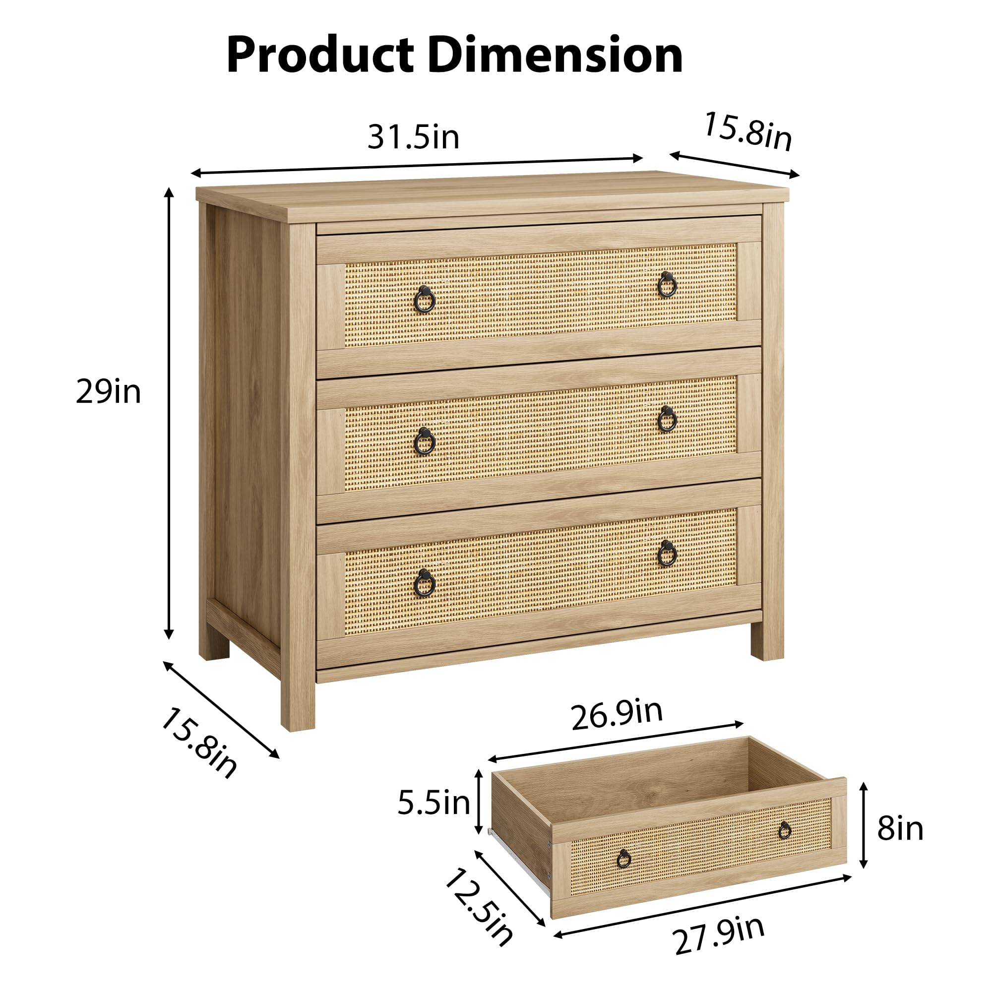 Garvee 3 Drawer Rattan Dresser for Bedroom, Boho Chest of Drawers, 29 Inch Tall Storage Cabinet, Wood Nightstand with Natural Finish for Living Room, Entryway, Closet