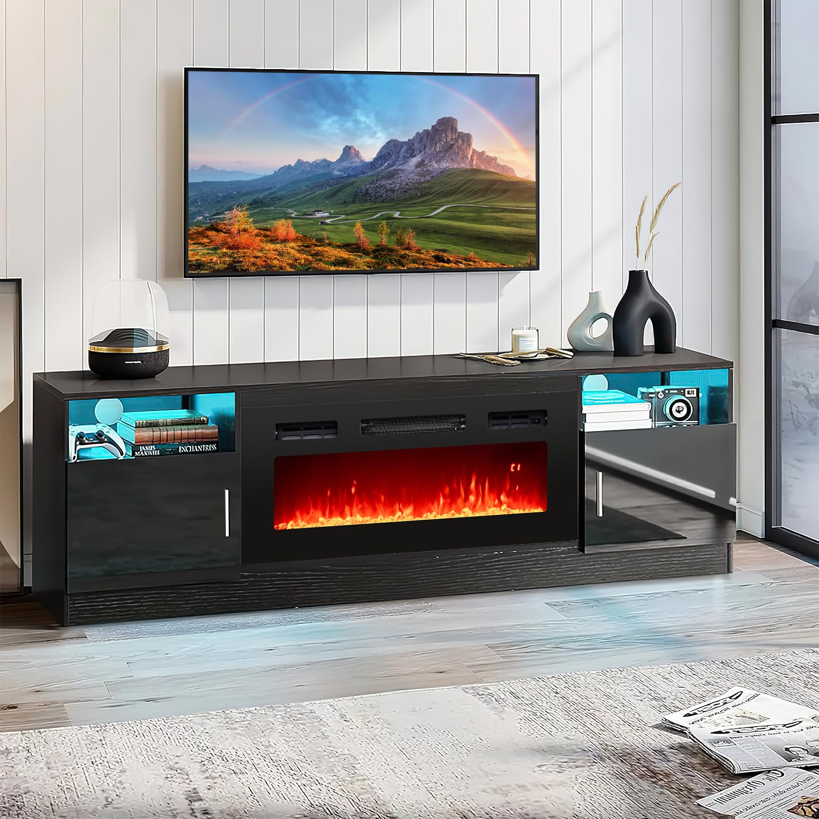 Tangkula 36 Inches Electric Fireplace, 5,000 BTU Fireplace Insert with LED Light Strips, Remote, Crystal Stones & Adjustable Flame Effect, 1-8H Timer, Thermostat & Overheat Protection