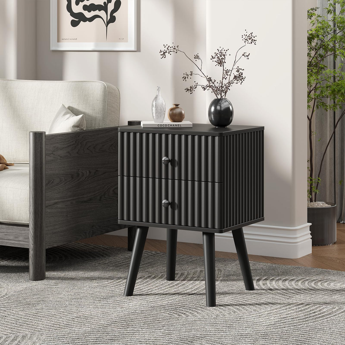 Gacfiew Wooden Nightstand with 2 Drawers, Fluted Night Stand Set of 2, Morden Side Table for Bedroom, Living Room and Small Space, Black