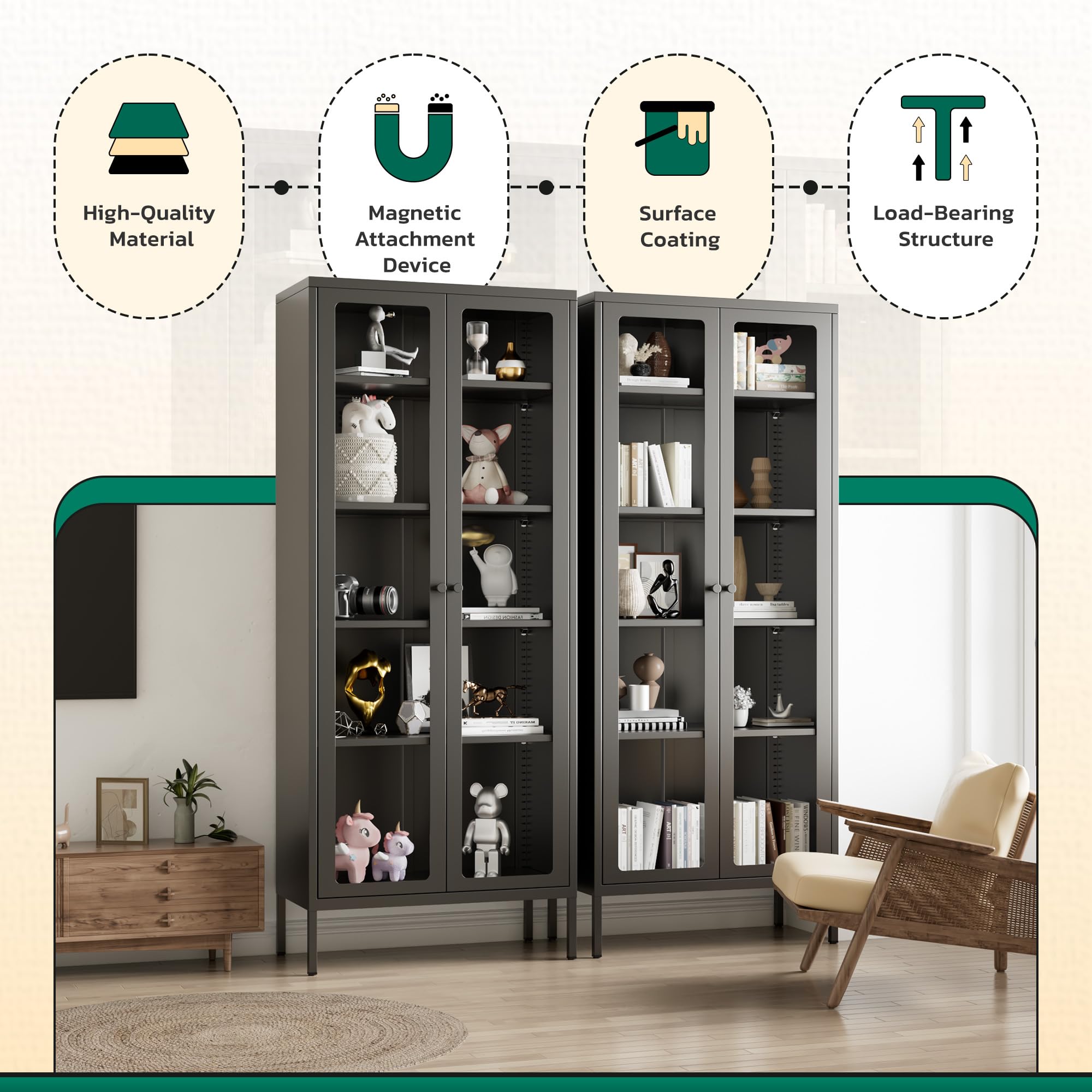 Greenvelly Metal Glass Display Cabinet with 5-Tier Storage Shelves, Tall Curio Cabinet with Glass Doors and Shelves, Black Steel Cabinet Collectibles Display Case for Home Office, Living Room, Pantry