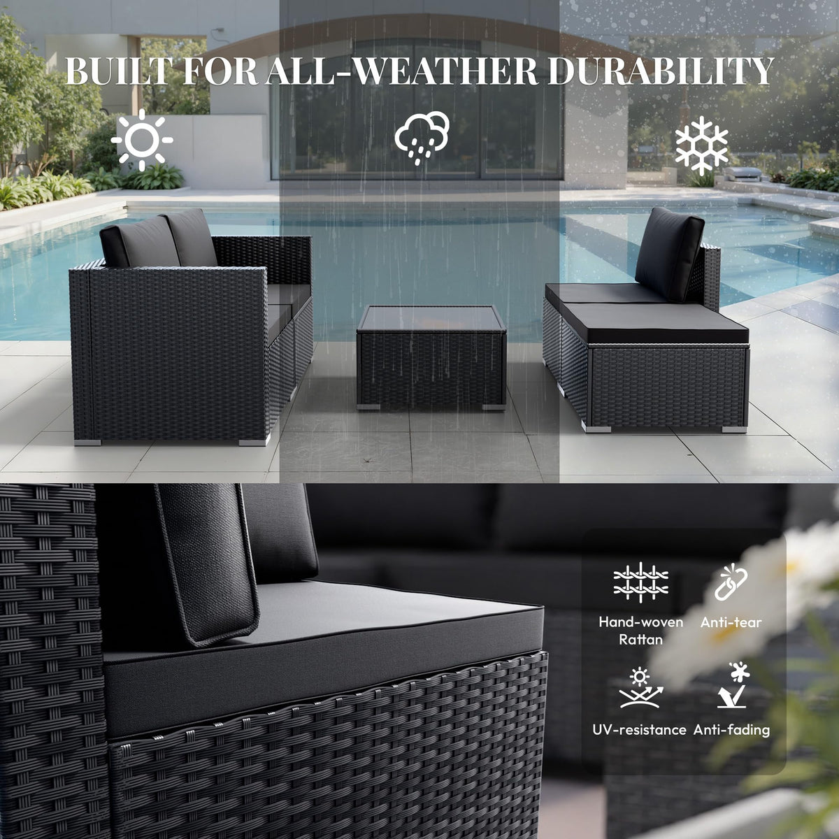 WWR Patio Furniture Set 5 Piece - Wide Armrests - All-Weather Wicker Rattan Outdoor Conversation Couch Sets, Modular Sectional Sofa for Garden, Patio, Poolside, Backyard, Balcony, Porch