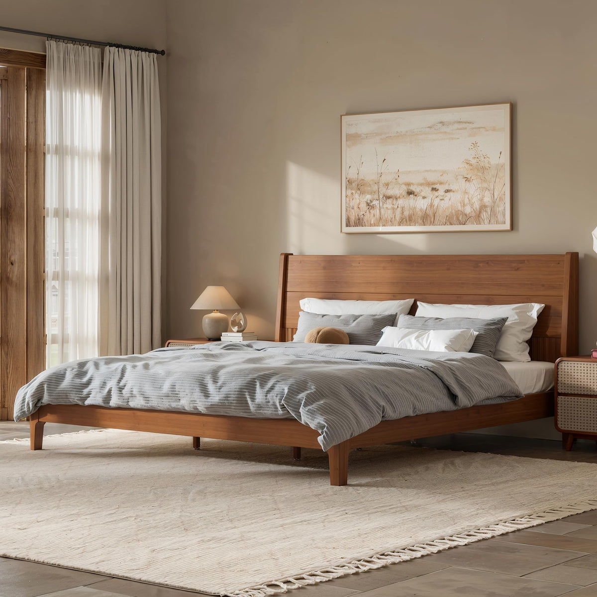 KEIKI King Size Bamboo Platform Bed with Tall Headboard, Brown