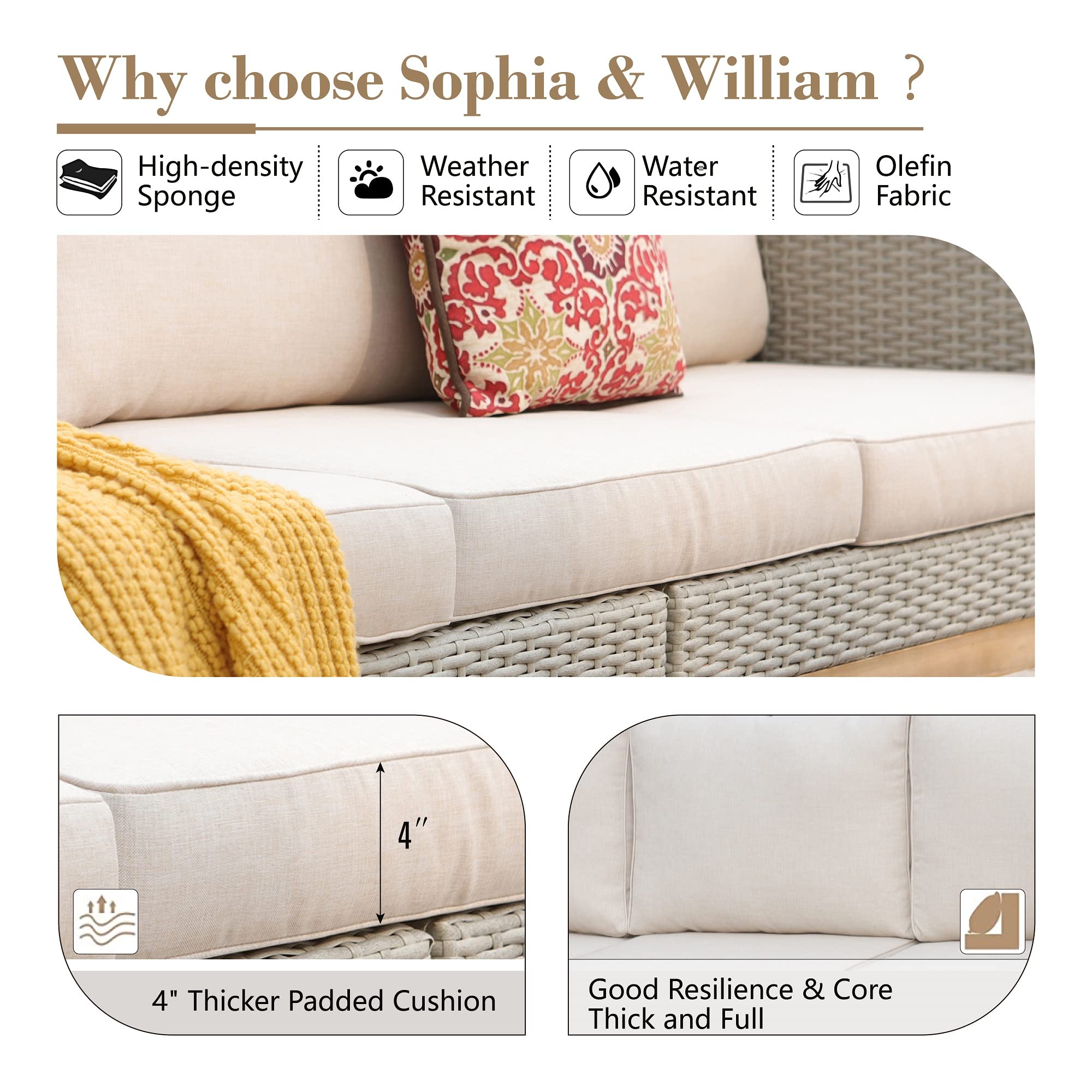 5-Piece High-Back Wicker Sectional Sofa Set with Acacia Wood Coffee Table