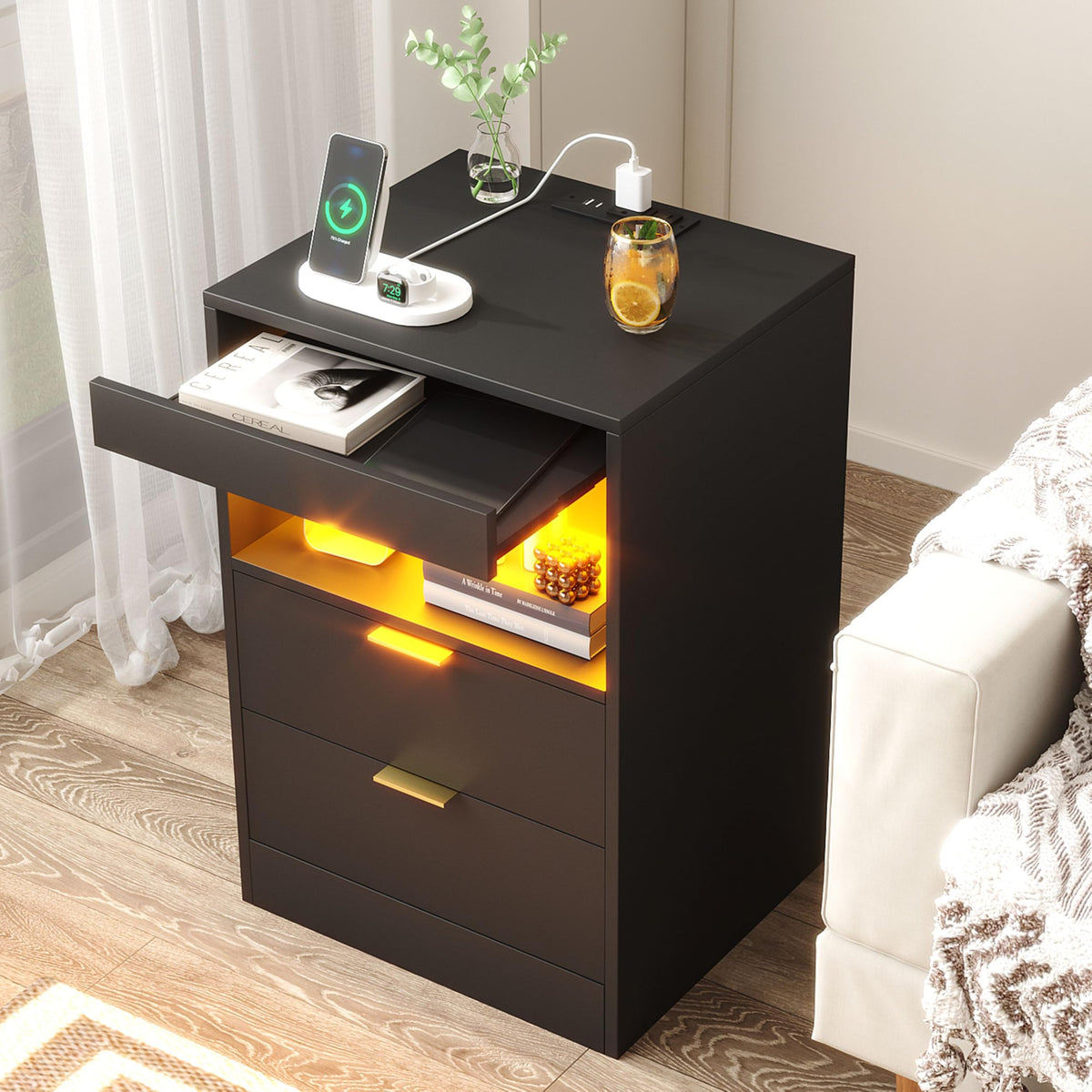 Yusong Nightstand, LED Nightstand with Charging Station, Black