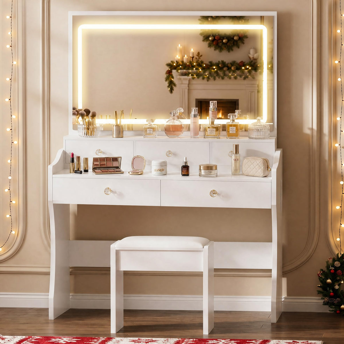 COMHOMA Vanity Desk with LED Lights Mirror & Power Outlet, Small Makeup Vanity Table Set with 5 Storage Drawers, 3 Lighting Modes & Adjustable Brightness, Dressing Table for Women Girls Bedroom, White