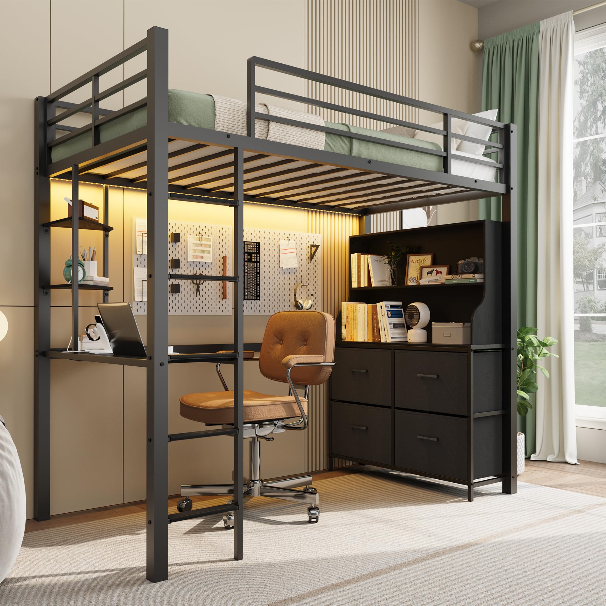Twin Size Loft Bed with Desk & Storage