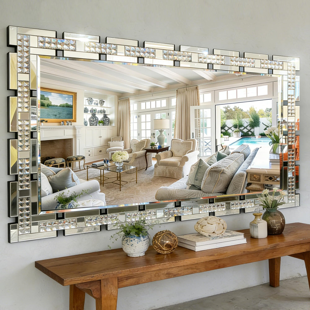 Chende Rectangular Elegant Living Room Mirror with Crystal, Glass Frame, Beveled Edge, 30" x 59" Full Length Crystal Decorative Mirror for Bedroom, Dining Room, Hallway, Unique Modern Design