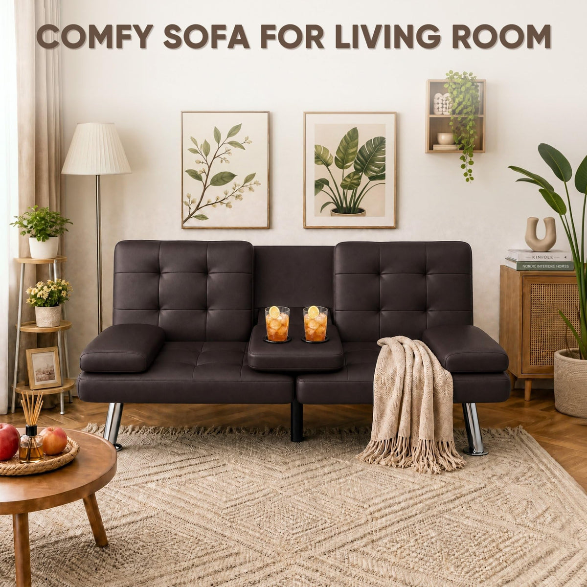 Flamaker Futon Sofa Bed, Modern Faux Leather Convertible Folding Futon Set