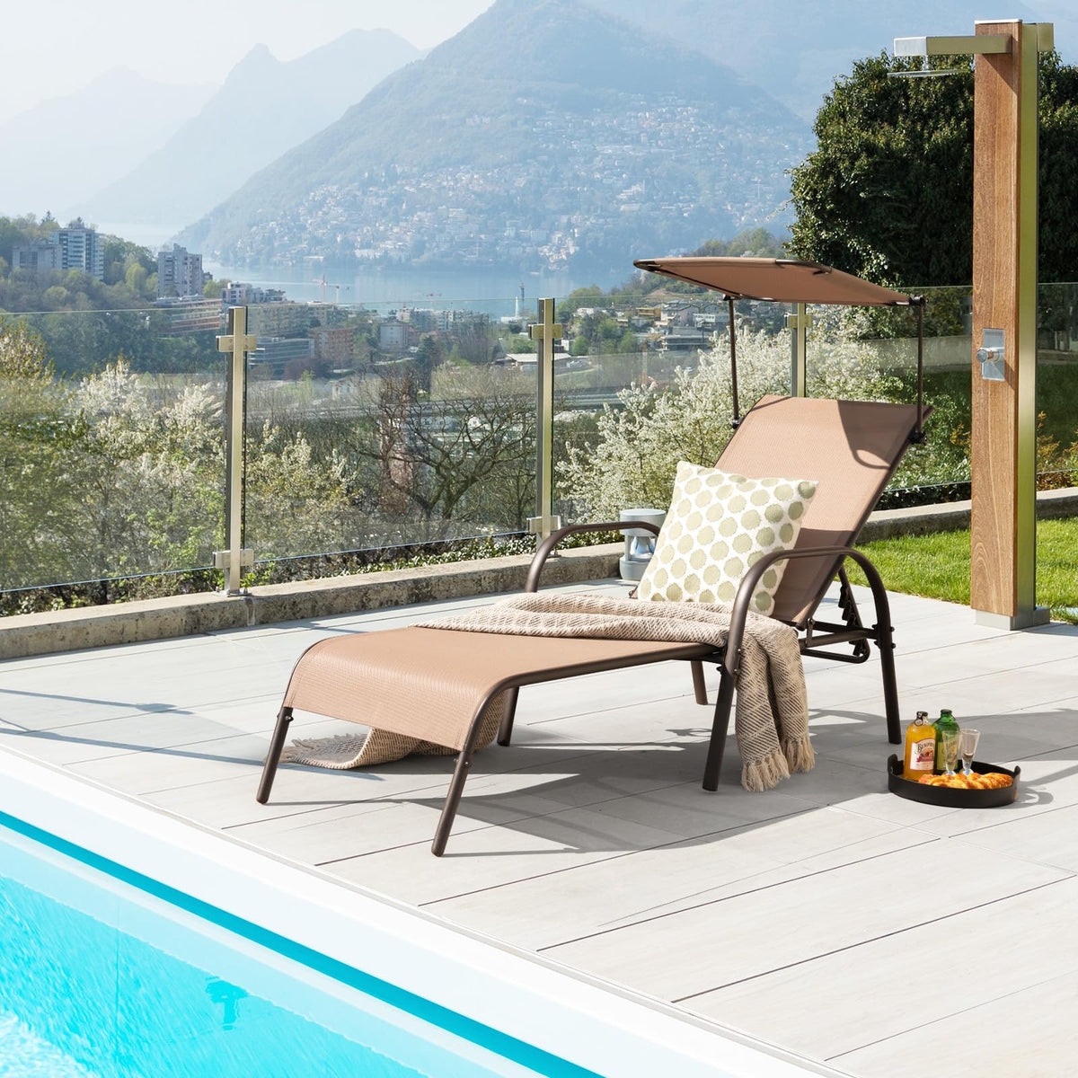 Byroce Patio Lounge Chair with Canopy, Outdoor Chaise Lounger with 5-Level Adjustable Backrest, Arms & Cupholder, Metal Tanning Recliner Chair for Beach, Poolside, Backyard, Garden (1)