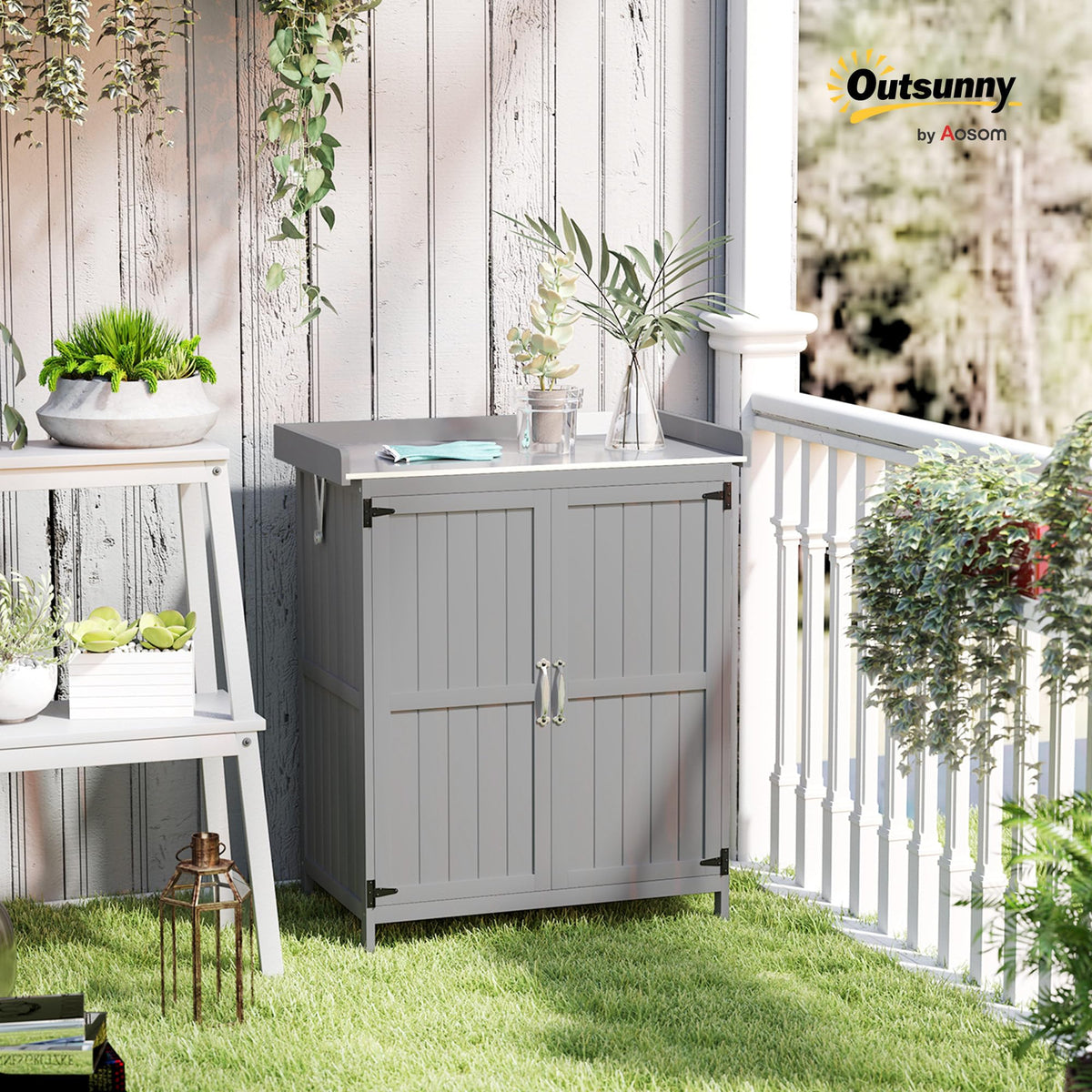 Outsunny Outdoor Storage Cabinet with Metal Tabletop Shelf Gray