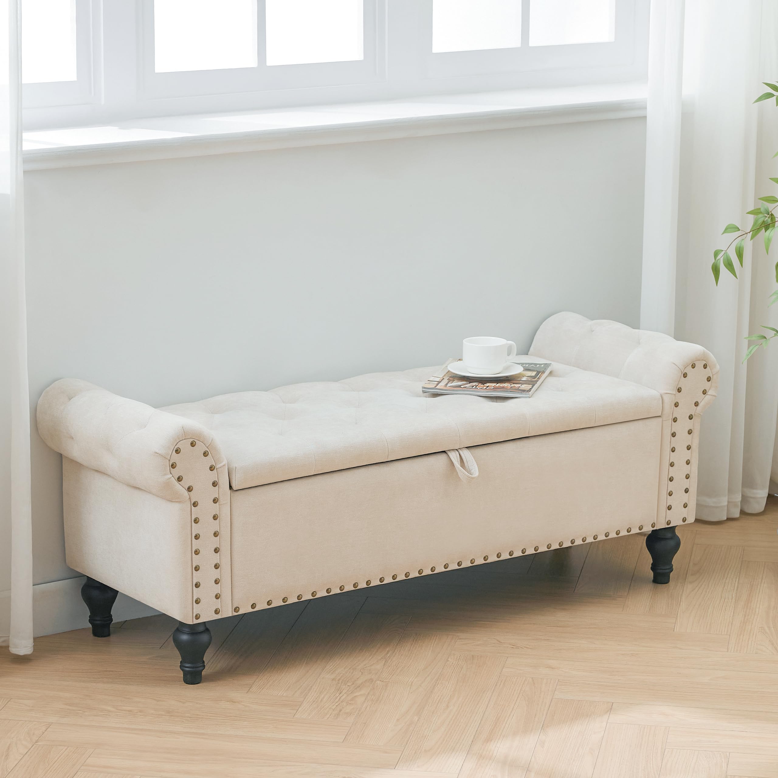 Dowiean 51" Storage Ottoman Bench, End of Bed Bench for Bedroom, Storage Ottomans for Foot of Bed, Chenille Upholstered Benches, Window Benches for Living Room, Entryway, Beige