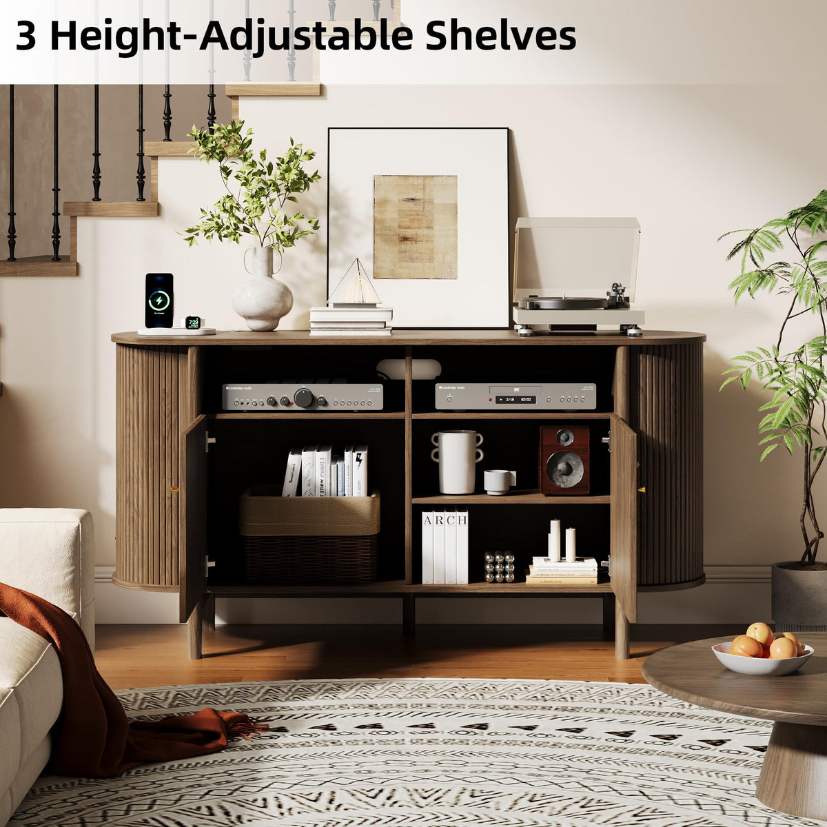 Fluted TV Stand with Power Outlets