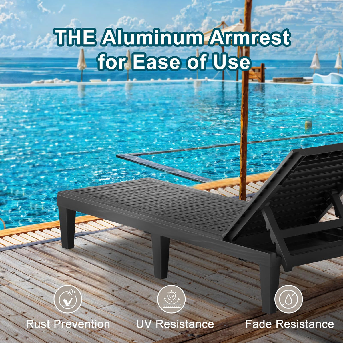 EasyUp Chaise Lounge Chair Outdoor, Resin Lounge Chair with 5-Position Backrest, UV - Resistant, Waterproof for Pool, Beach & Patio (2, Black)