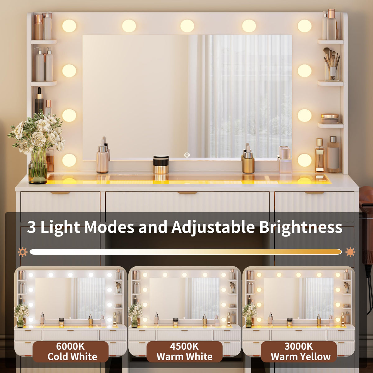 Gyfimoie Vanity Desk with Glass Top and 11 LED Bulbs,Makeup Table with Large Mirror & Power Outlet, Dressing Table with 11 Drawers & Cushioned Stool for Women and Girls,Bedroom