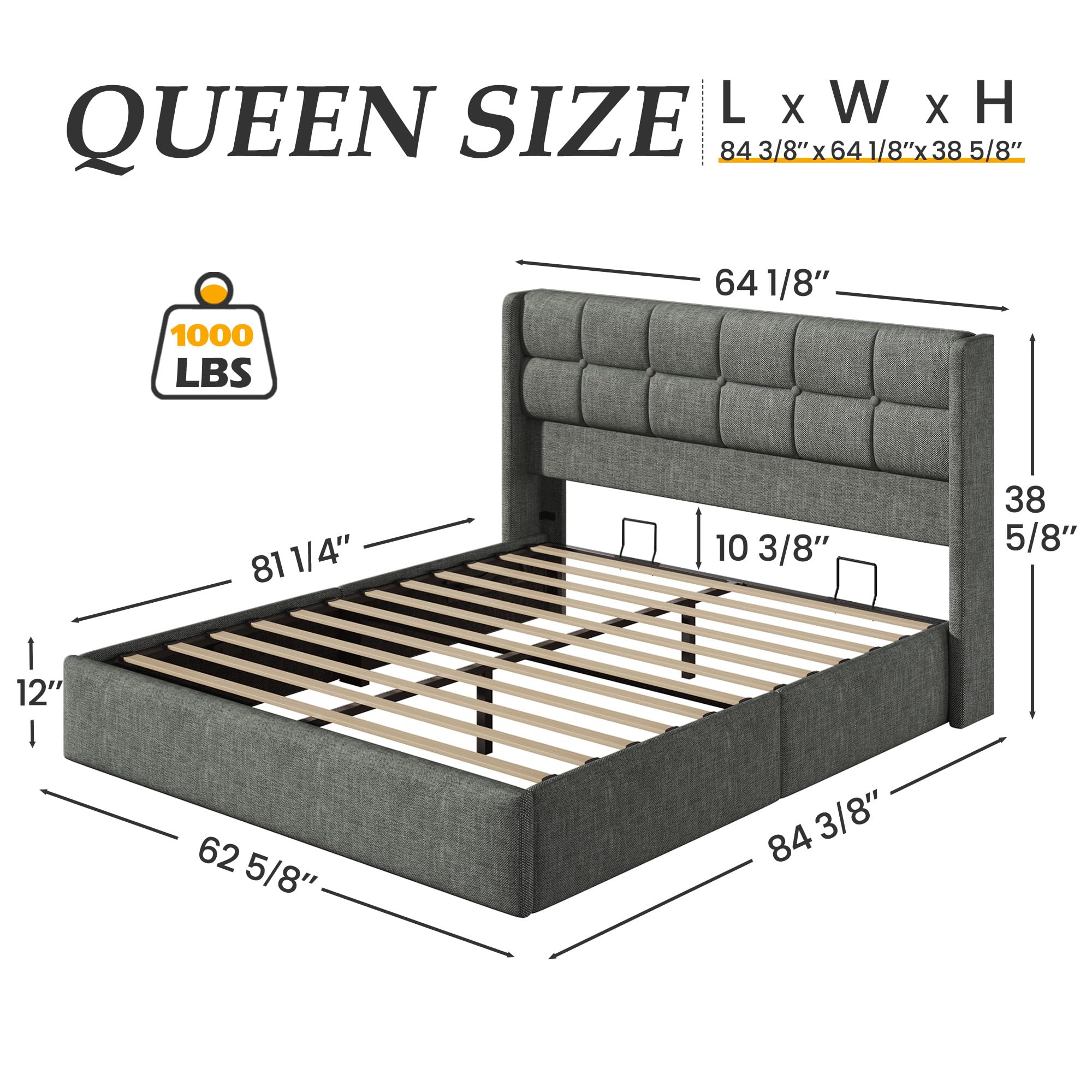 Lifezone Queen Size Lift Up Storage Bed Frame, Linen Upholstered Queen Platform with Button Tufted Wingback Headboard and Under-Bed Storage, Hydraulic Support, No Box Spring Needed, Noise Free, Grey
