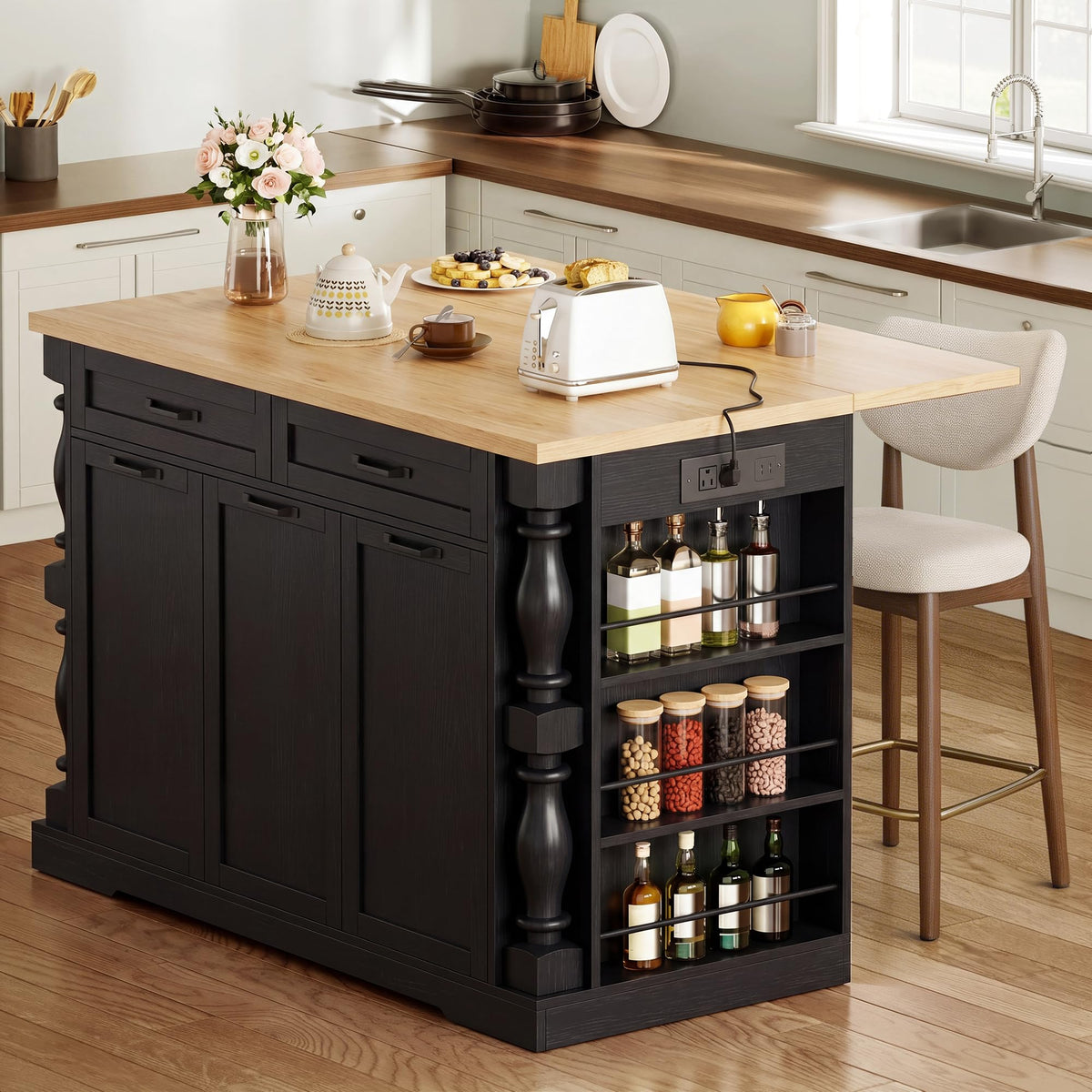 Homiflex 48" Kitchen Island with Trash Can Storage & Drop Leaf, Traditional