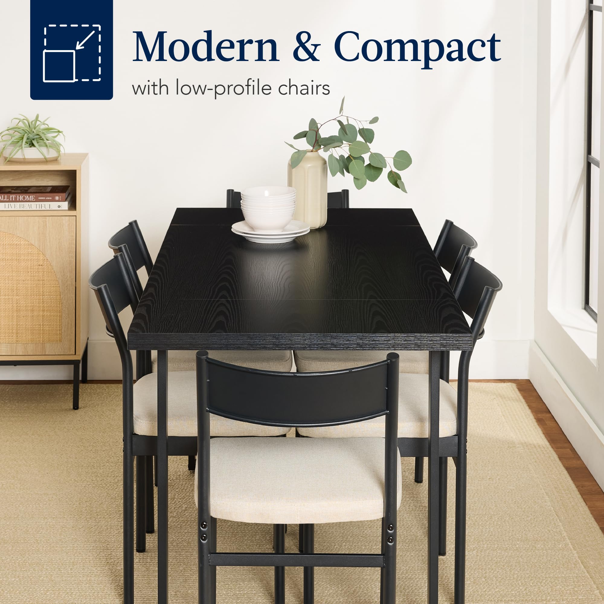 Best Choice Products 7-Piece Modern Dining Room Set, Kitchen Table Set, Dining Table w/ 6 Chairs, Upholstered Cushions, Solid Metal Frame, Curved Backrest - Black/Ivory