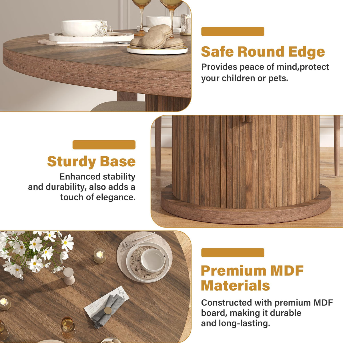47.24" Round Dining Table for 4, Farmhouse Fluted Kitchen Tables Dining Room Circle Dinner Table, Modern Wood Kitchen & Dining Room Tables