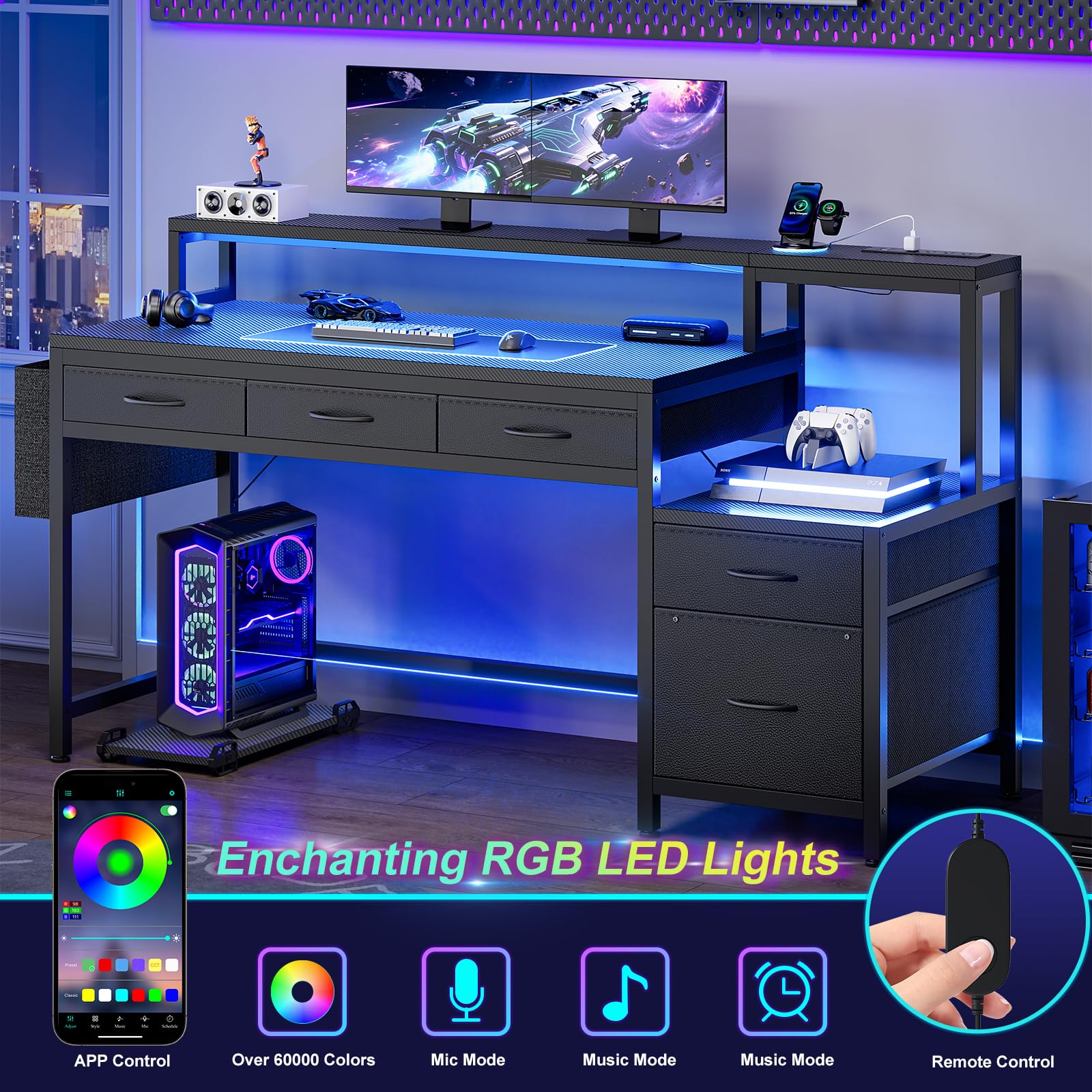 61" Gaming & Computer Desk with LED Lights, Charging Station & Monitor Stand