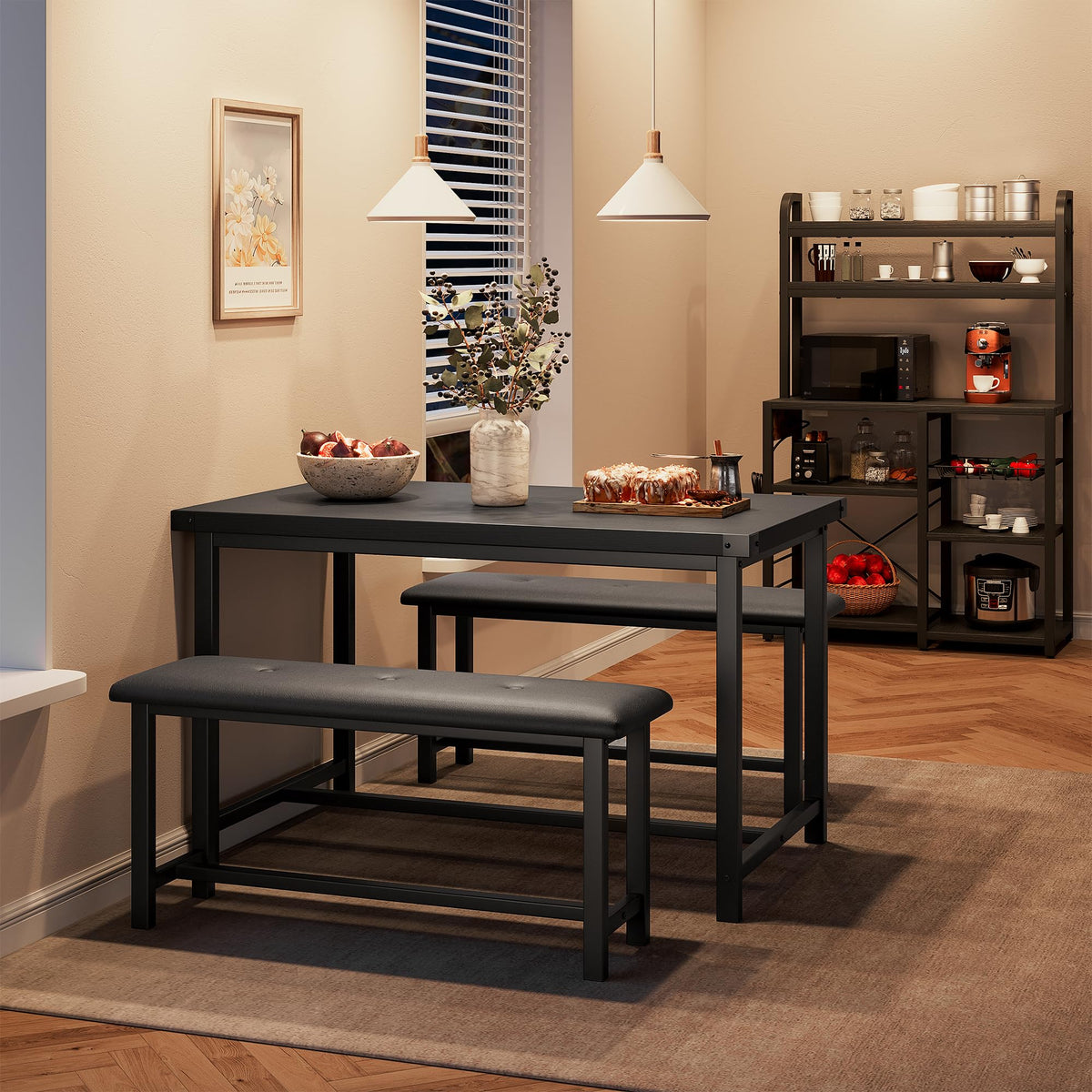 CABIHOME Dining Table Set for 4, Farmhouse Rectangular Kitchen Table with Upholstered Benches, 3-Piece Dining Table and Bench Set for Small Spaces, Apartment, Studio, Black