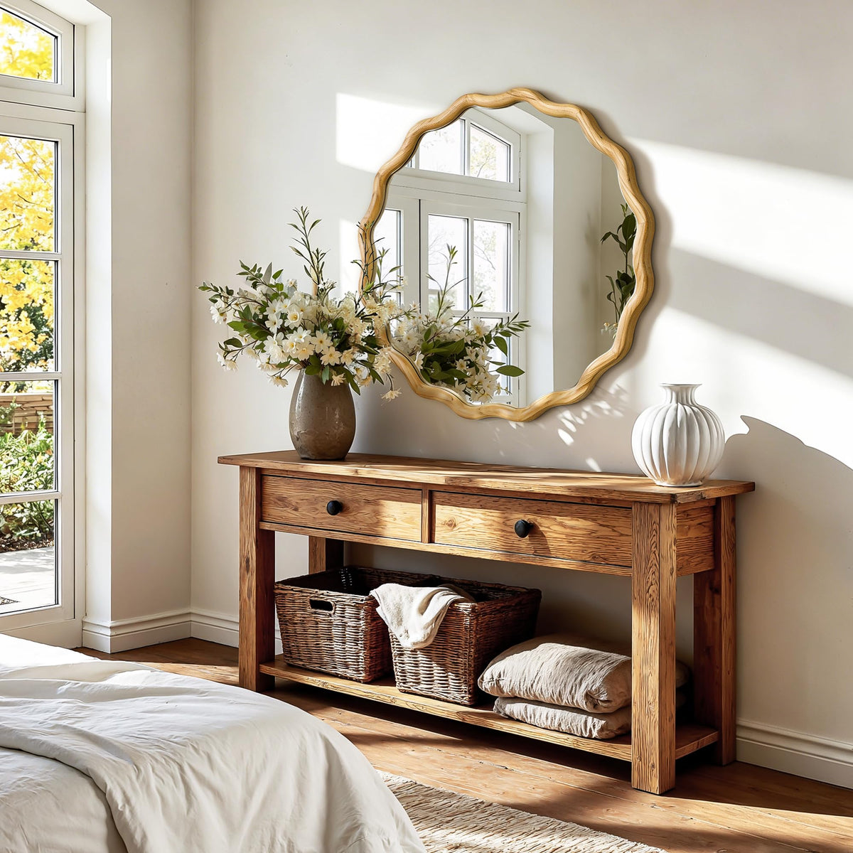 Round Wavy Wood Wall Mirror