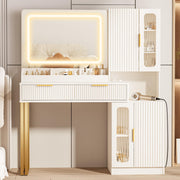 42" Modern Makeup Vanity Desk with Mirror and Lights, Makeup Vanity with 5 Shelves& 2 Drawers and Cabinet, Vanity Table with Power Outlet, 3 Color Adjustable Lighting Dressing Table Set for Bedroom