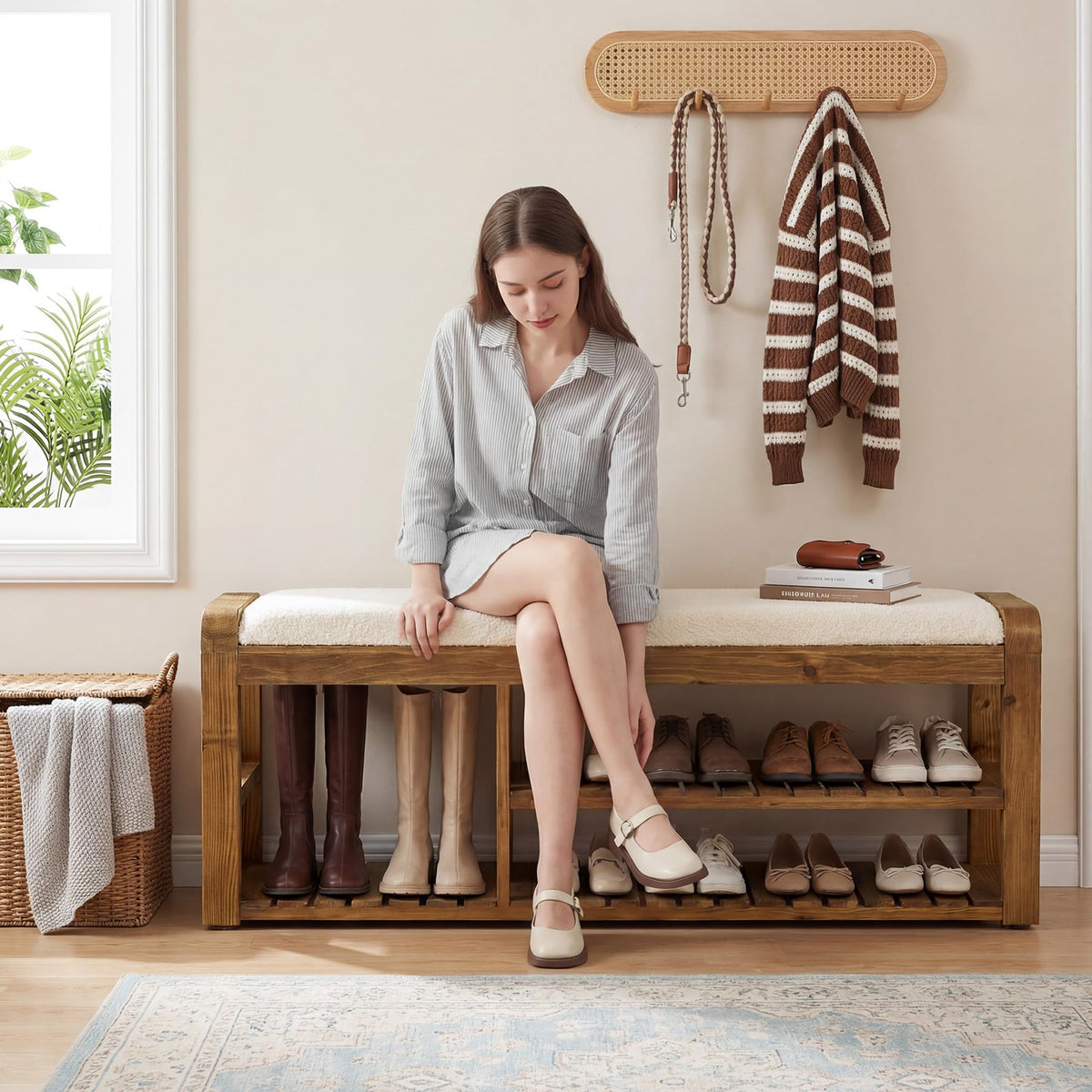 Solid Wood Shoe Storage Bench with Cushion