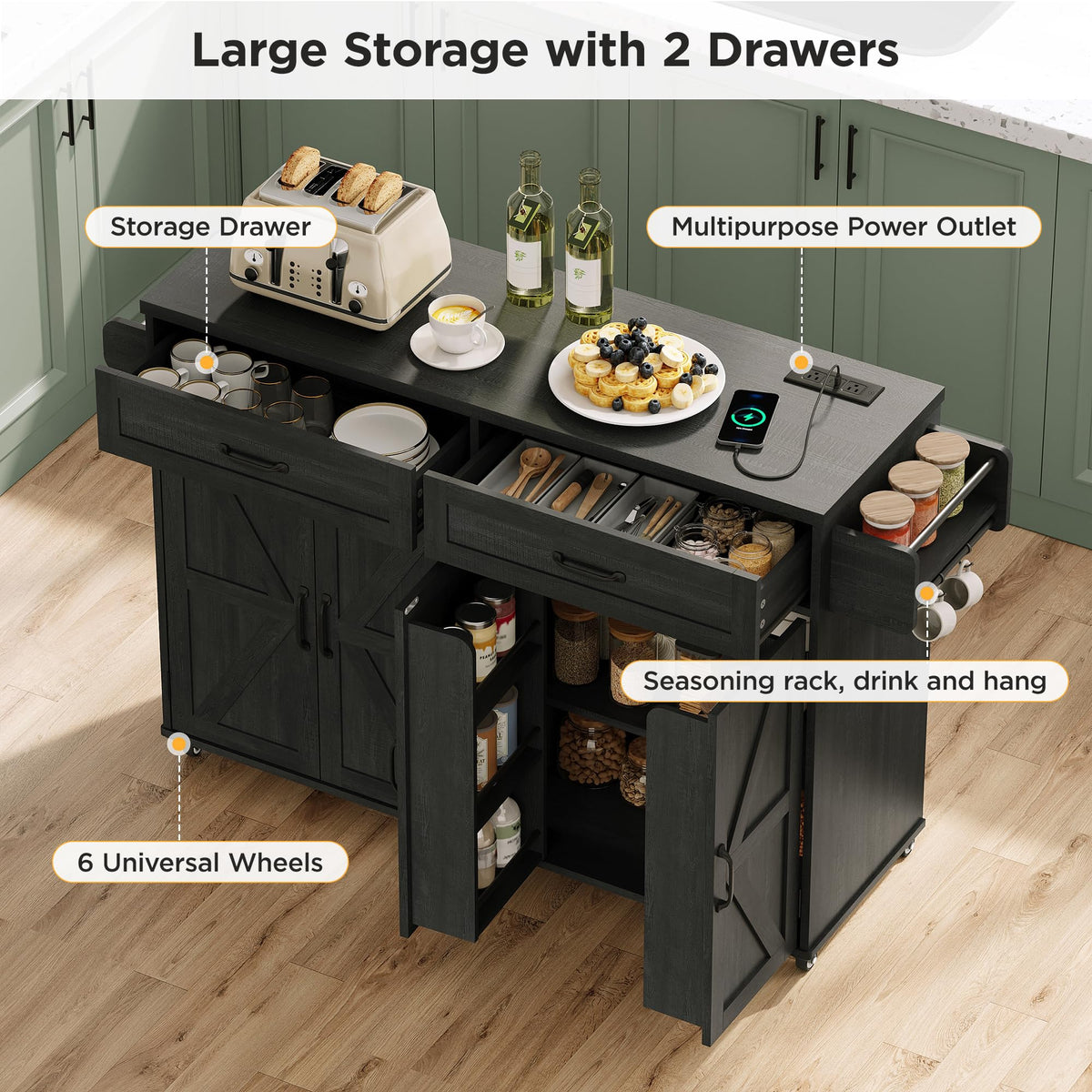 Mobile Kitchen Island, Kitchen Island Cart with 2 Drawers and Charging Station, Island Table for Kitchen, Home Bar Carts with Storage, Kitchen Rolling Island with Spice Rack and Towel Rack,Black
