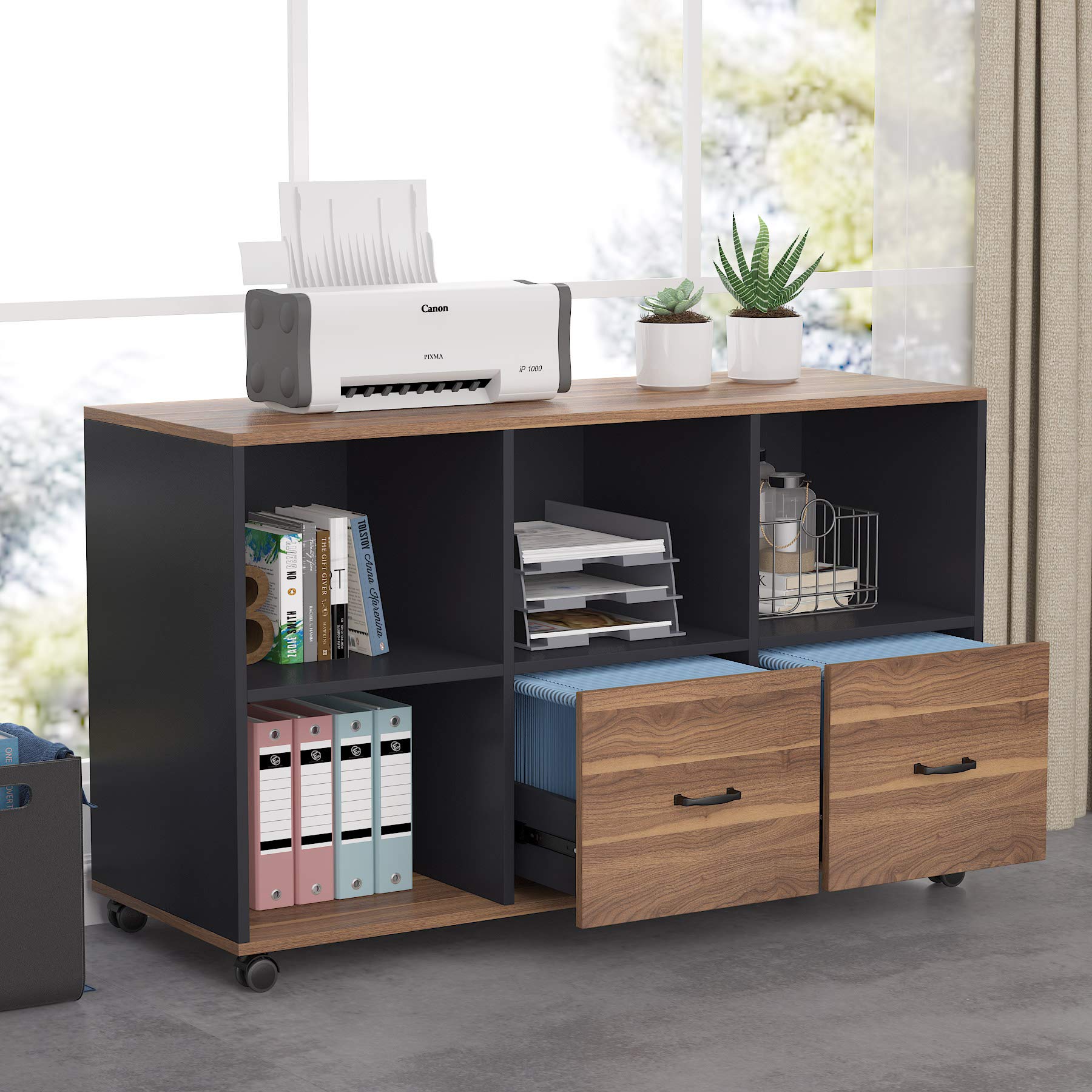 Mobile Lateral File Cabinet with 2 Drawers & Open Shelves
