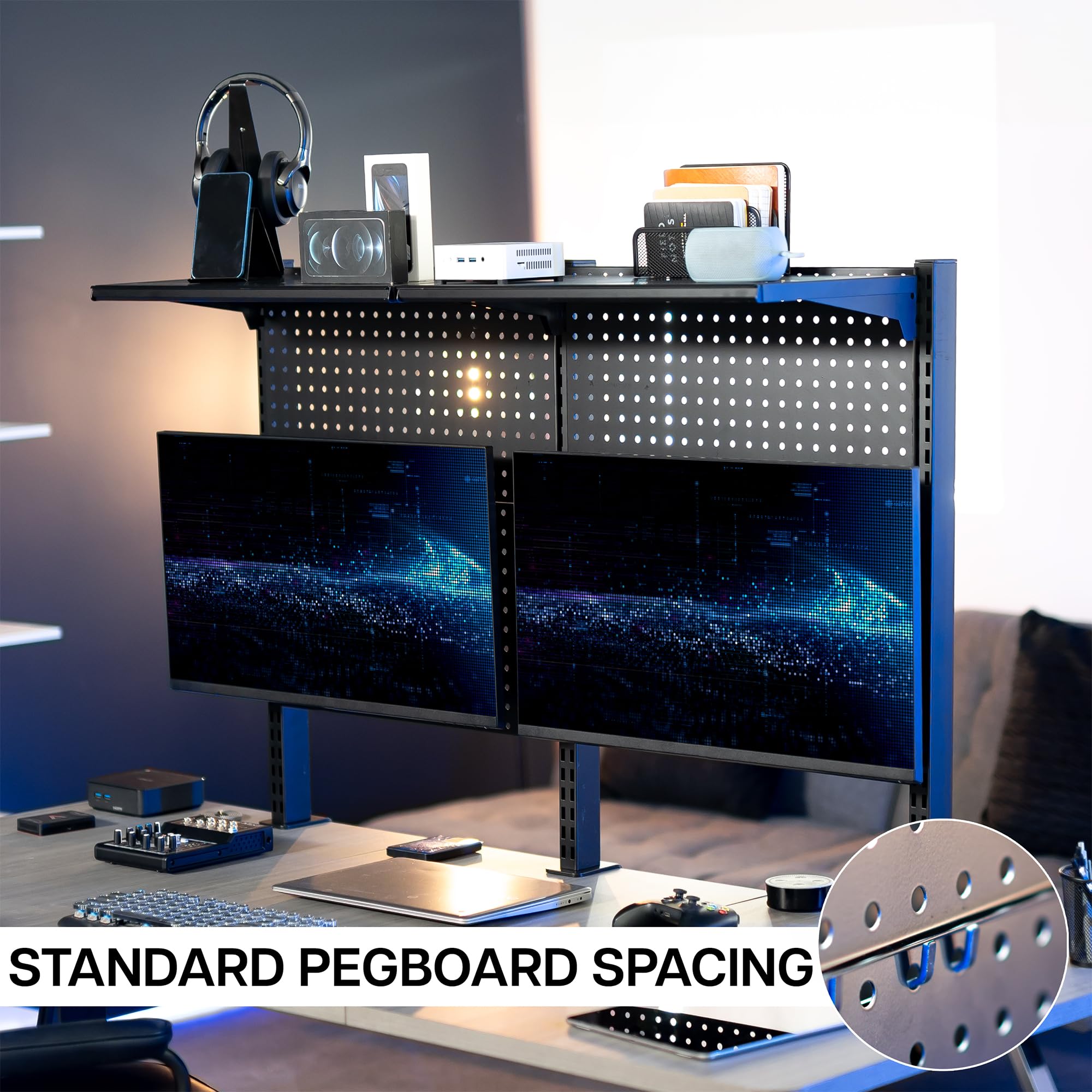 Desk Pegboard System with Dual Monitor Mounts & Storage Shelf