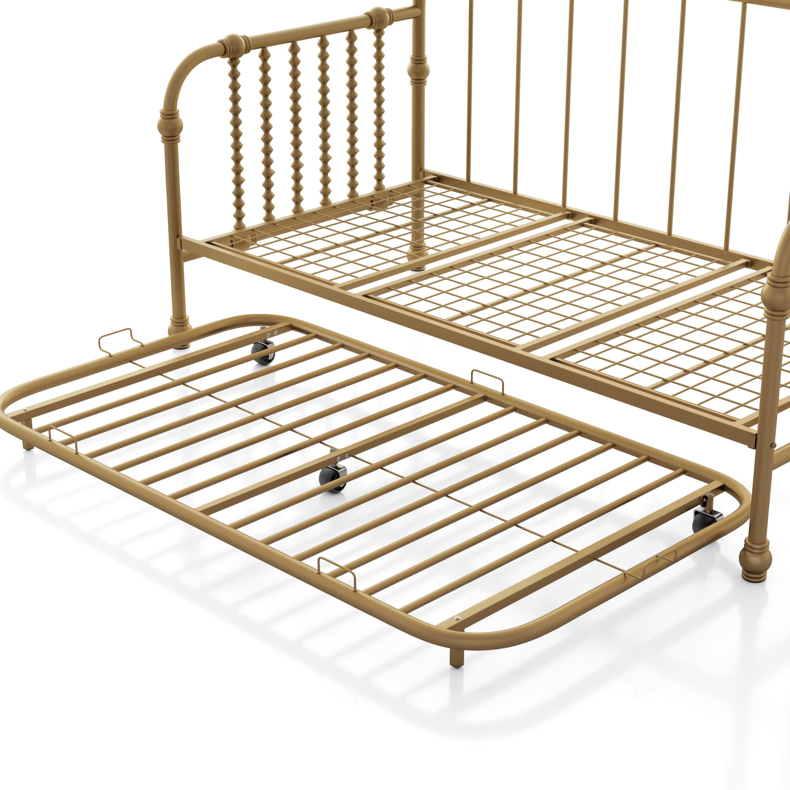 Furniture of America Wren Modern Metal Twin Size Daybed with Trundle and Wheels, Sofa Bed with Spindles and Checker-Box Frame for Living Room, Bedroom, Guest Room, Gold