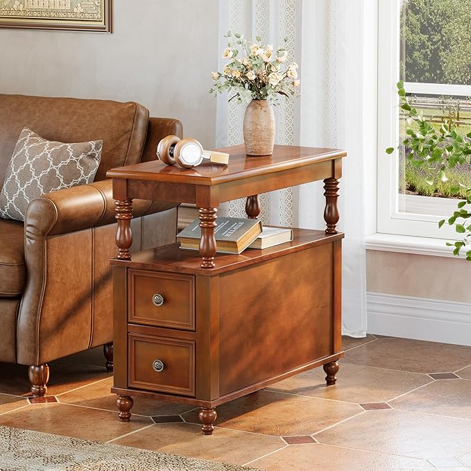 Mid-Century Wood End Table with 2 Drawers & Storage Shelf