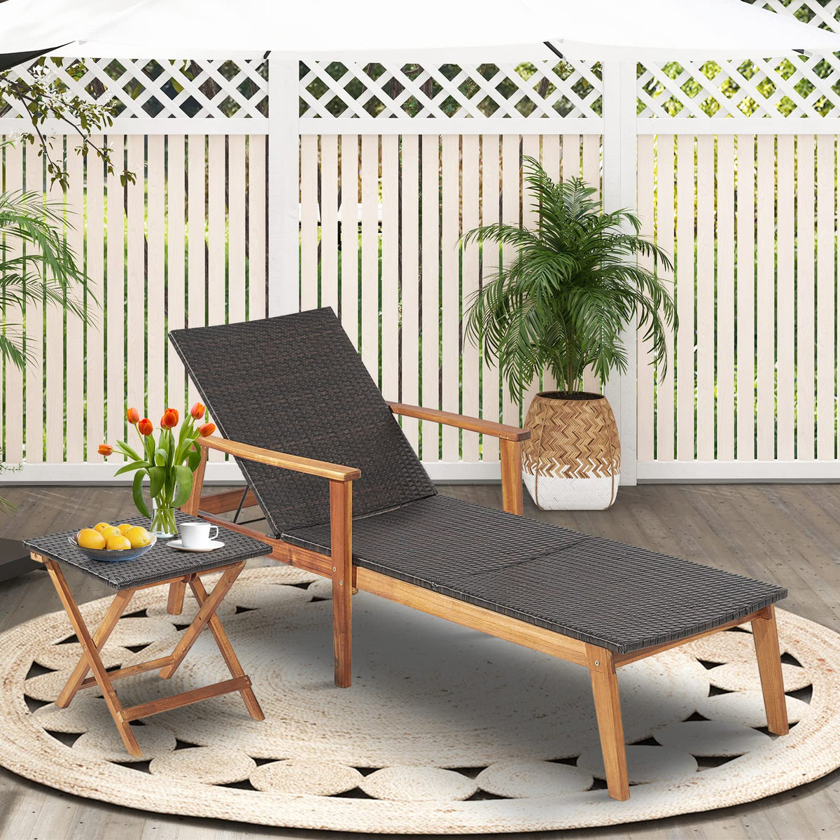 Tangkula Patio Lounge Chair, 4-Position Adjustable Recliner with Fully Flat Position, Outdoor PE Wicker Chaise Lounge with Acacia Wood Frame for Backyard, 800 LBS Max Load (Mix Brown, 2 Pack)