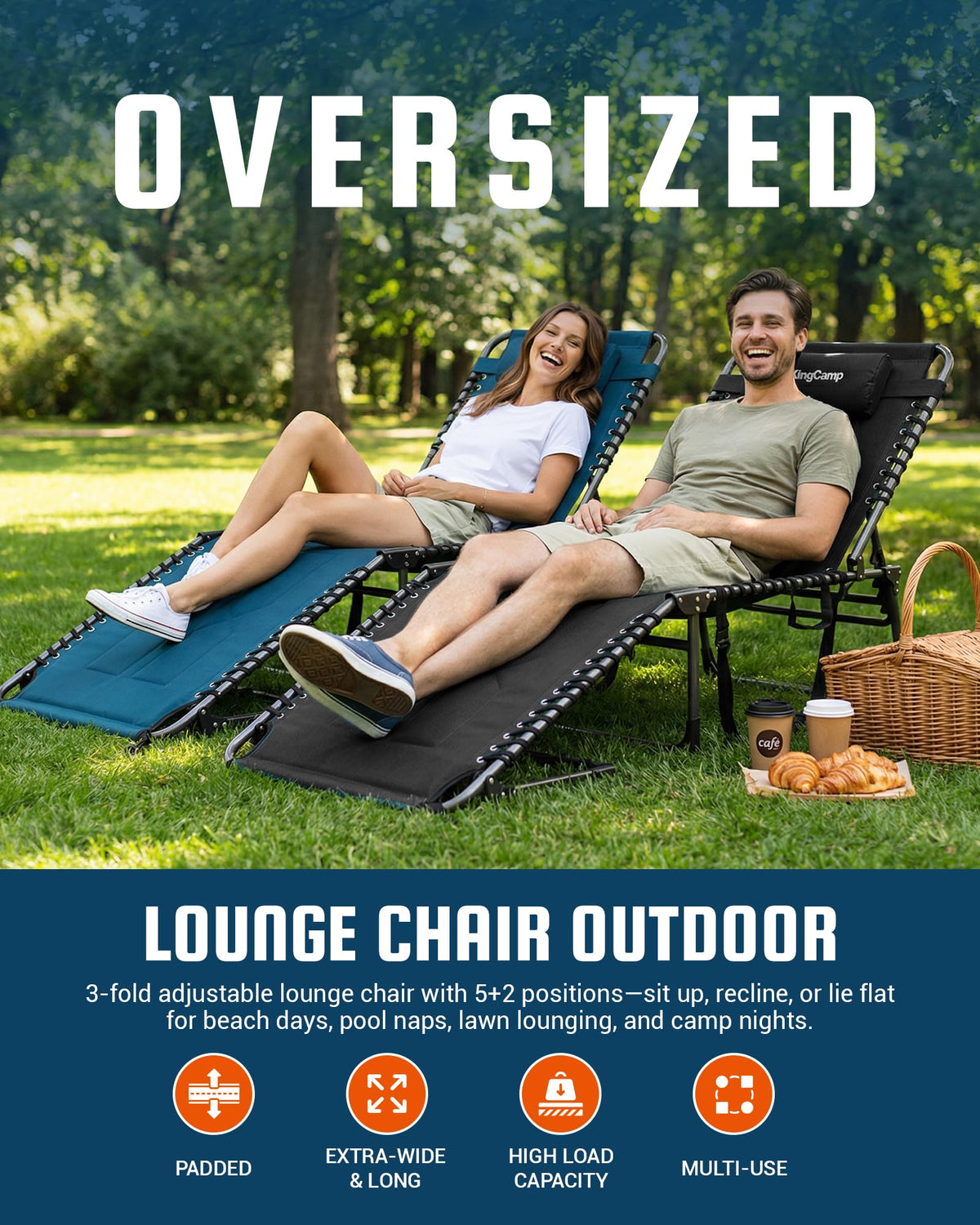 KingCamp Oversized Padded Lounge Chair 440lbs Tanning Chair, Black