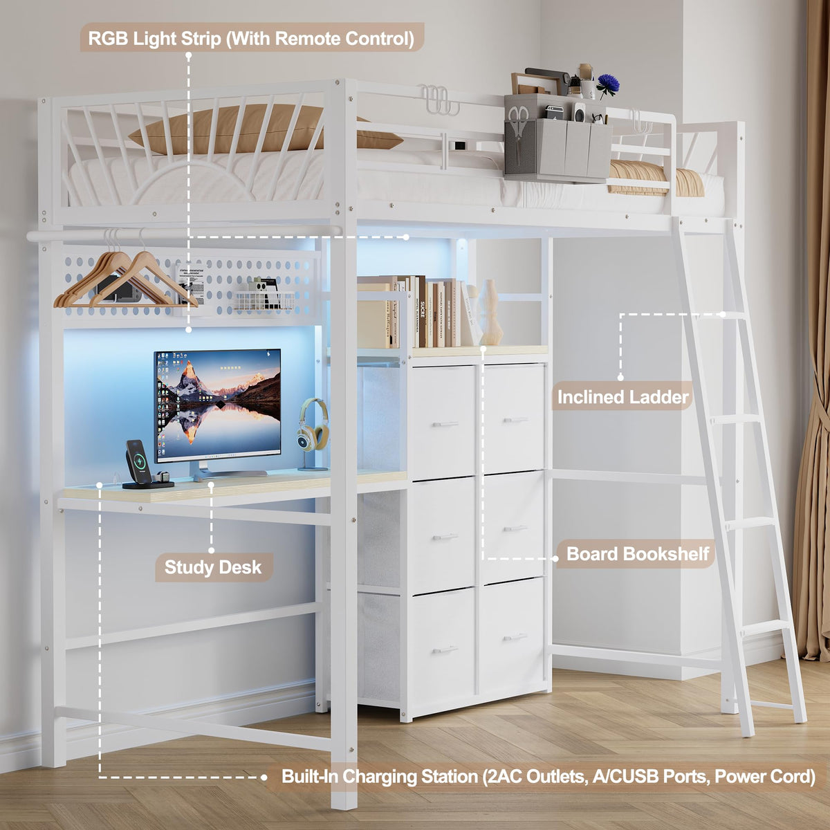 Twin Metal Loft Bed with Desk & Storage