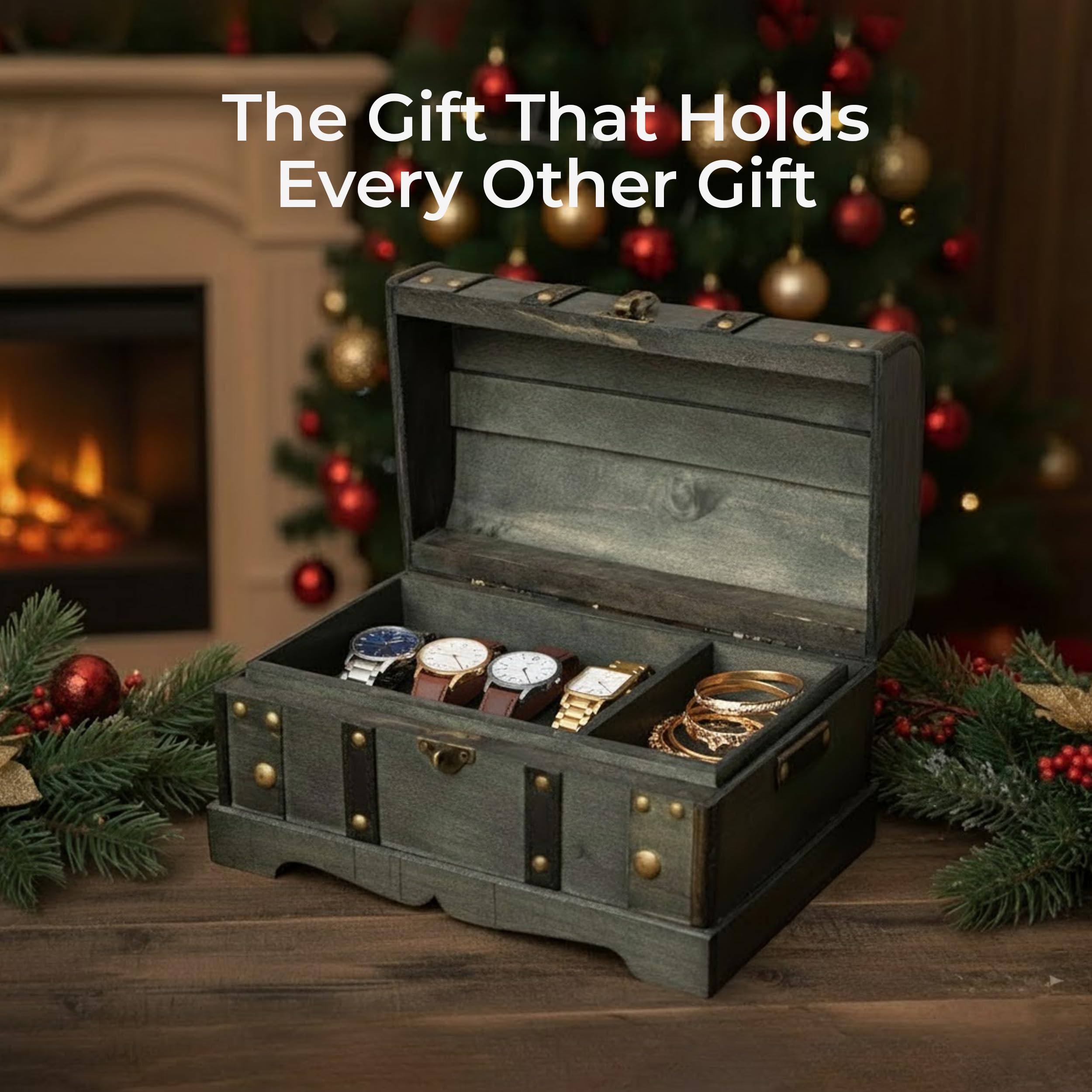 Wooden Treasure Chest Box with Removable Tray