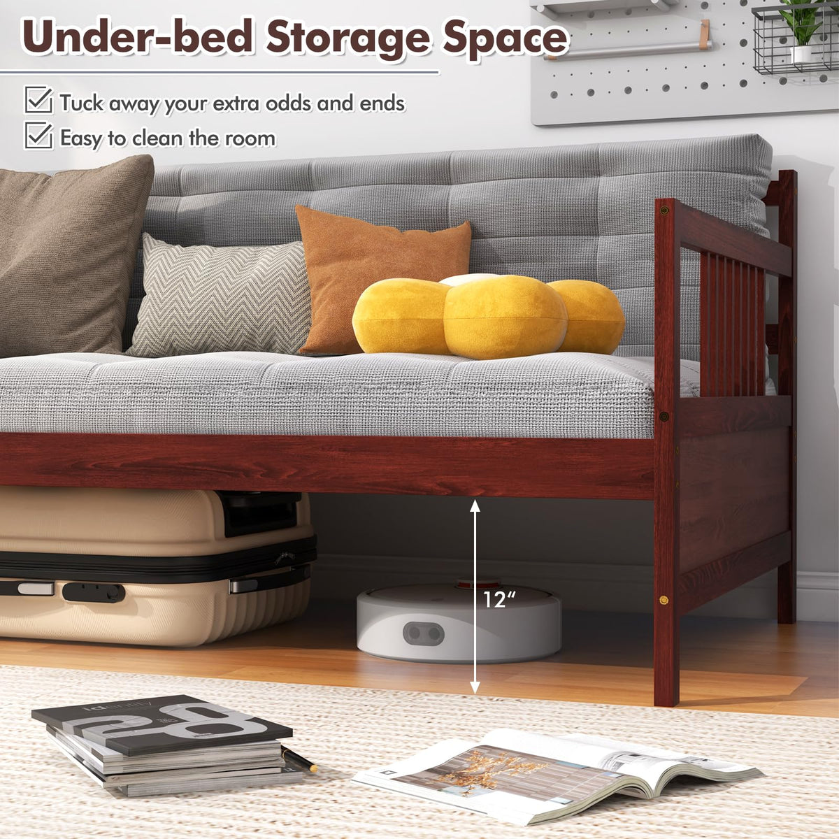 MAT EXPERT Twin Daybed, Pine Wood Daybed with 3-Side Rails & 10 Support Slats, Under Bed Storage Space, 2-in-1 Sofa Bed Frame for Living Room, Bedroom, Deck, Guest Room (Espresso)