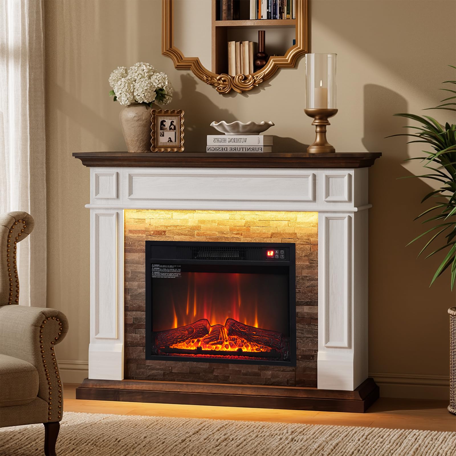 44 Inch Electric Fireplace Mantel with LED Farmhouse TV Stand, Stacked Stone Surround, 23" Insert, Freestanding Entertainment Center, 3D Flame Heater for Living Room, Bedroom, White & Brown