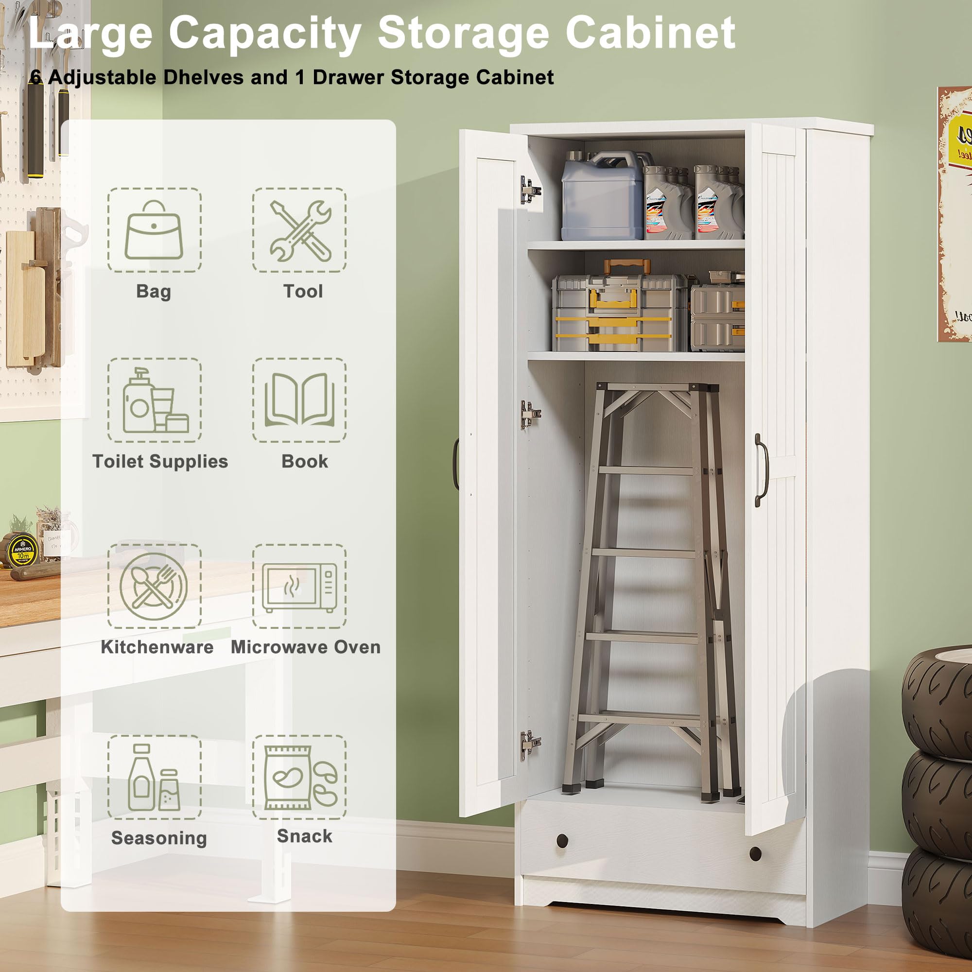 Decofy 70" Tall Storage Cabinets, Large Wood Storage Pantry Cabinet with 6 Adjustable Shelves, 2 Striped Doors & Drawer, Standing Utility Cabinet for Kitchen, Bathroom, Dining Room, Antique (White)