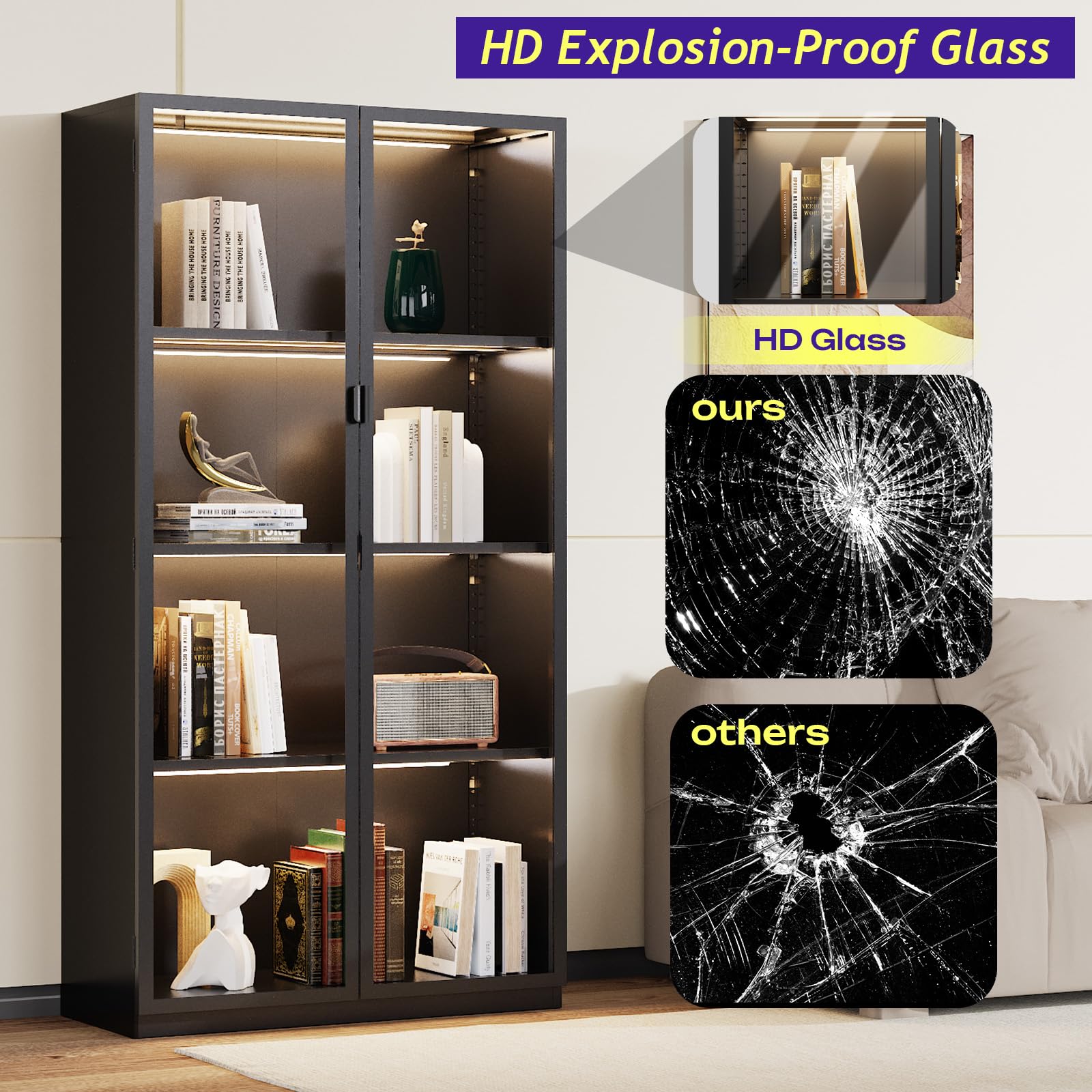 Rumetol Display Cabinet with Glass Doors, 4-Tier Curio Cabinet with 3 Color Lights,Glass Display Case for Collectibles with Adjustable Shelves-Toys,Books,Figures,Exhibit(63" Black)
