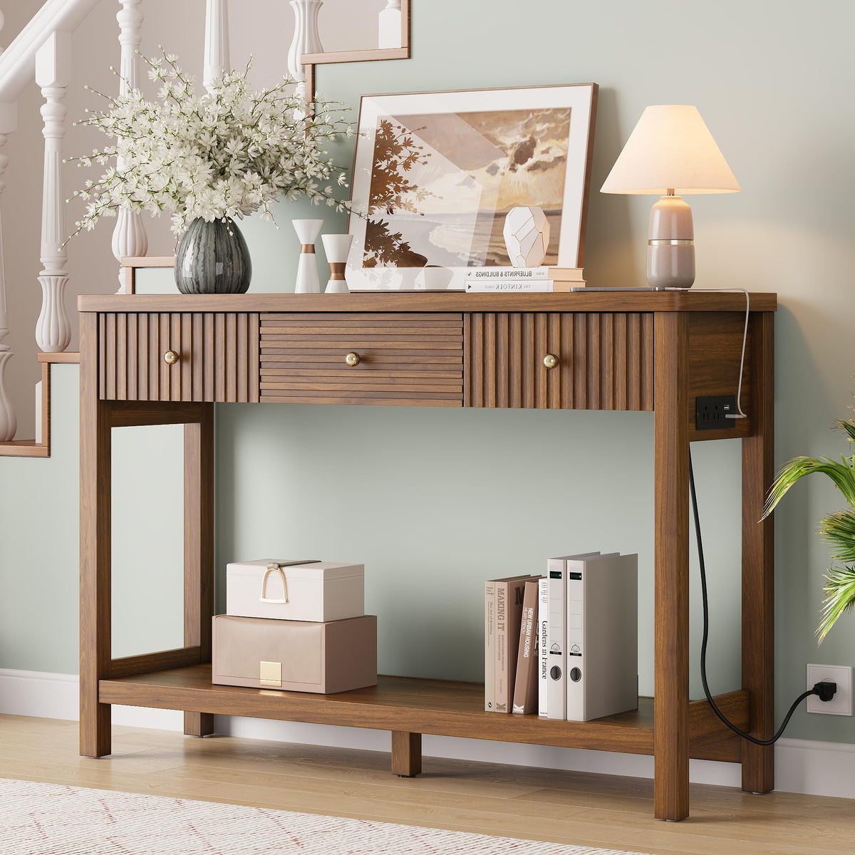 Fluted Console Table with Charging Station