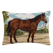 Peking Handicraft Brown Horse 22" x 16" Rectangular Hooked Wool Throw Pillow with Polyfill Insert