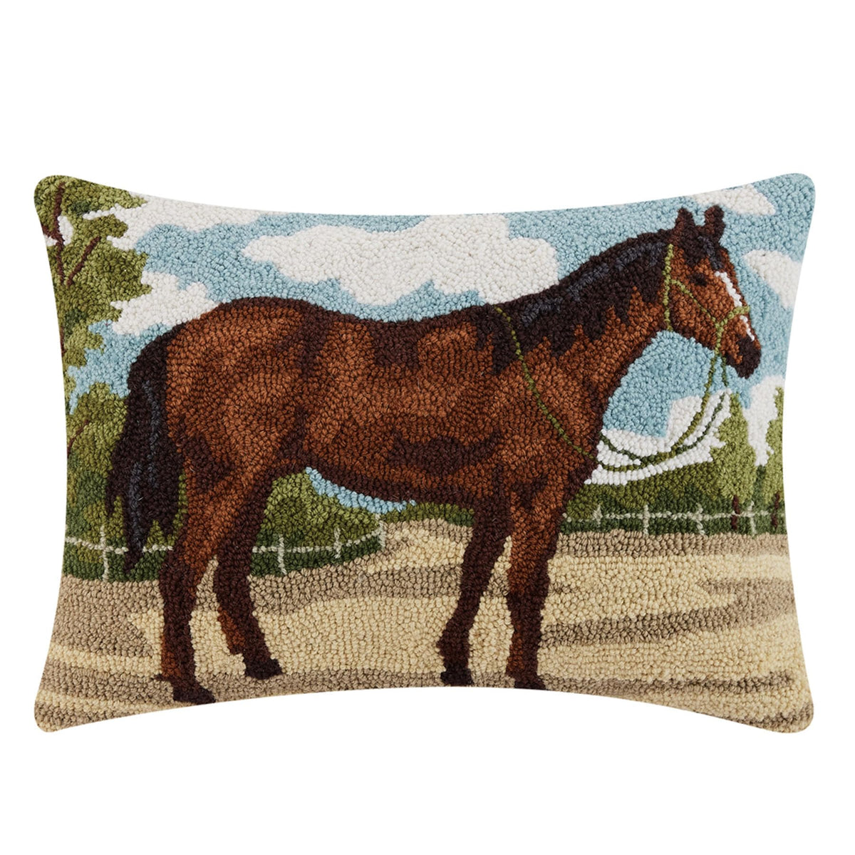 Peking Handicraft Brown Horse 22" x 16" Rectangular Hooked Wool Throw Pillow with Polyfill Insert